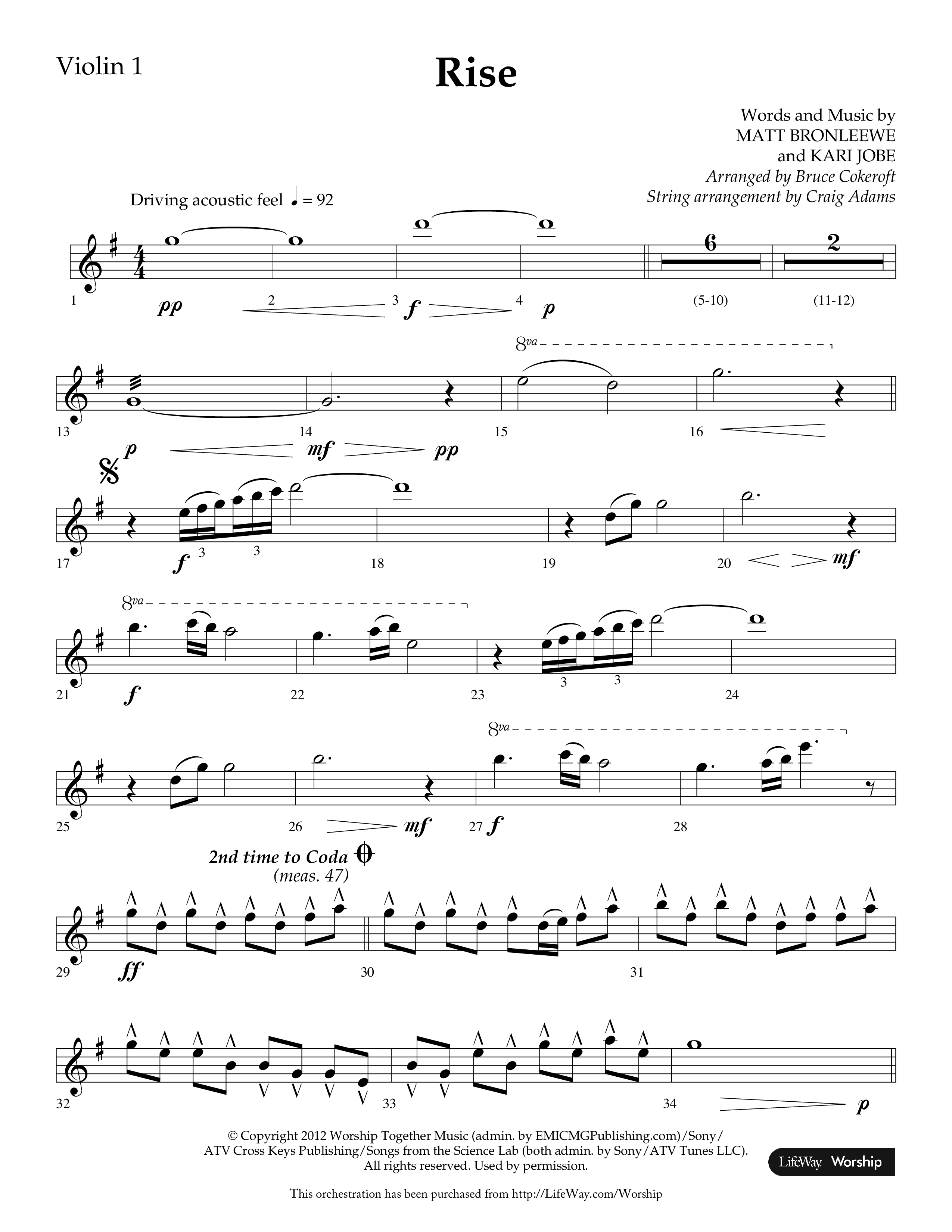Rise (Choral Anthem SATB) Violin 1 (Lifeway Choral / Arr. Bruce Cokeroft / Orch. Craig Adams)