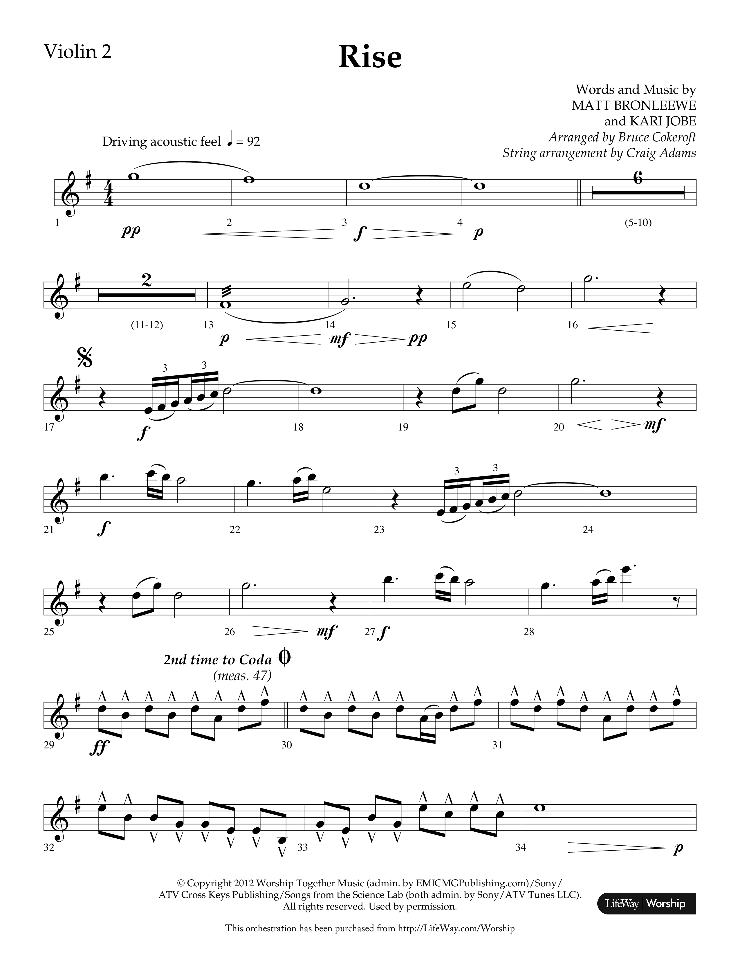 Rise (Choral Anthem SATB) Violin 2 (Lifeway Choral / Arr. Bruce Cokeroft / Orch. Craig Adams)