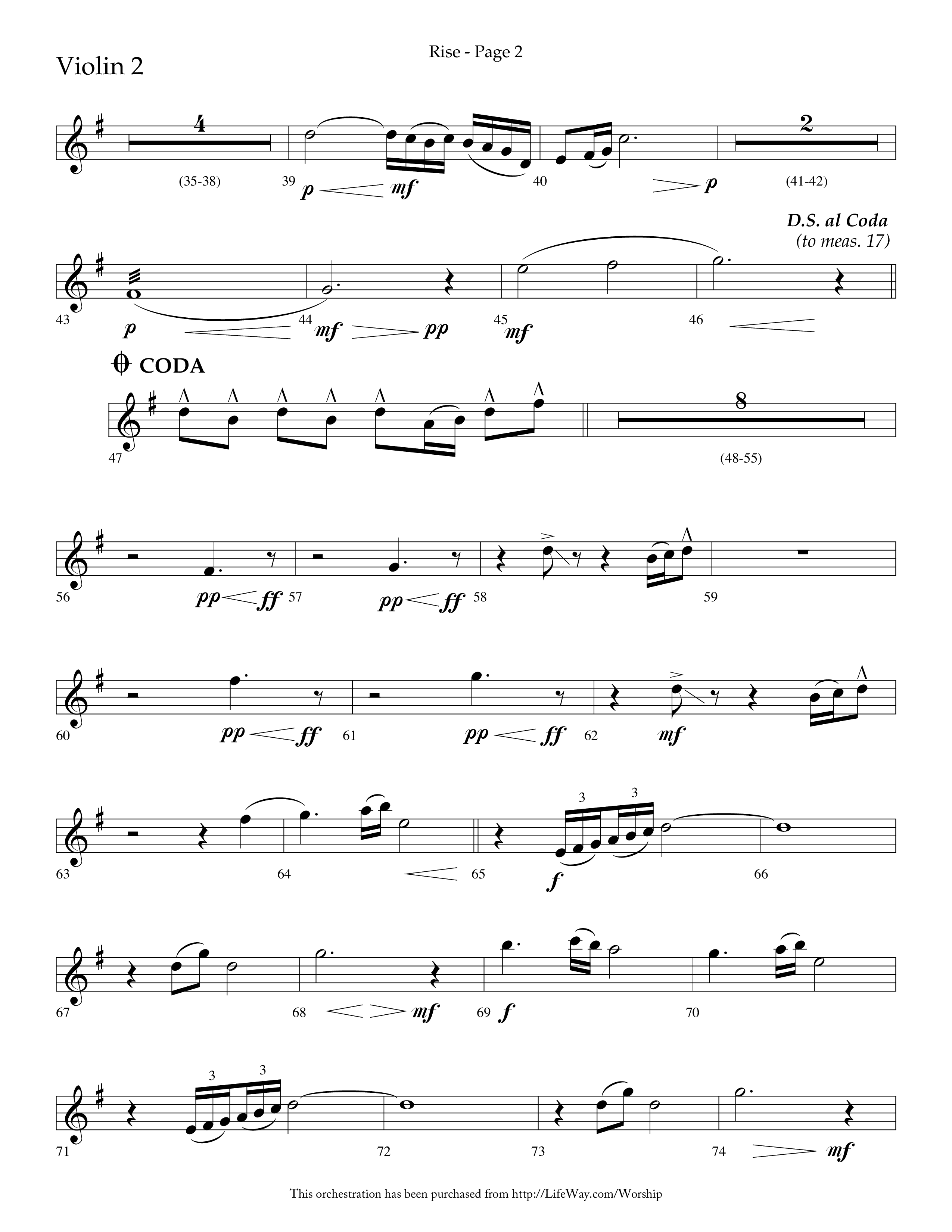 Rise (Choral Anthem SATB) Violin 2 (Lifeway Choral / Arr. Bruce Cokeroft / Orch. Craig Adams)