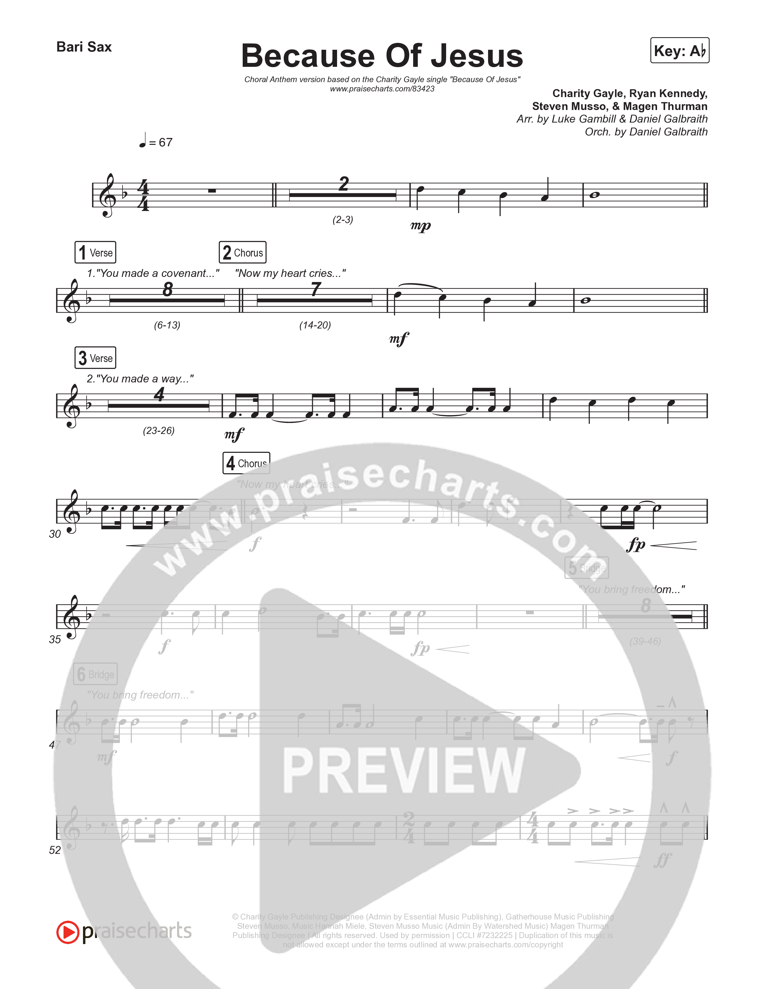 Because Of Jesus (Choral Anthem SATB) Bari Sax (Charity Gayle / Arr. Luke Gambill)