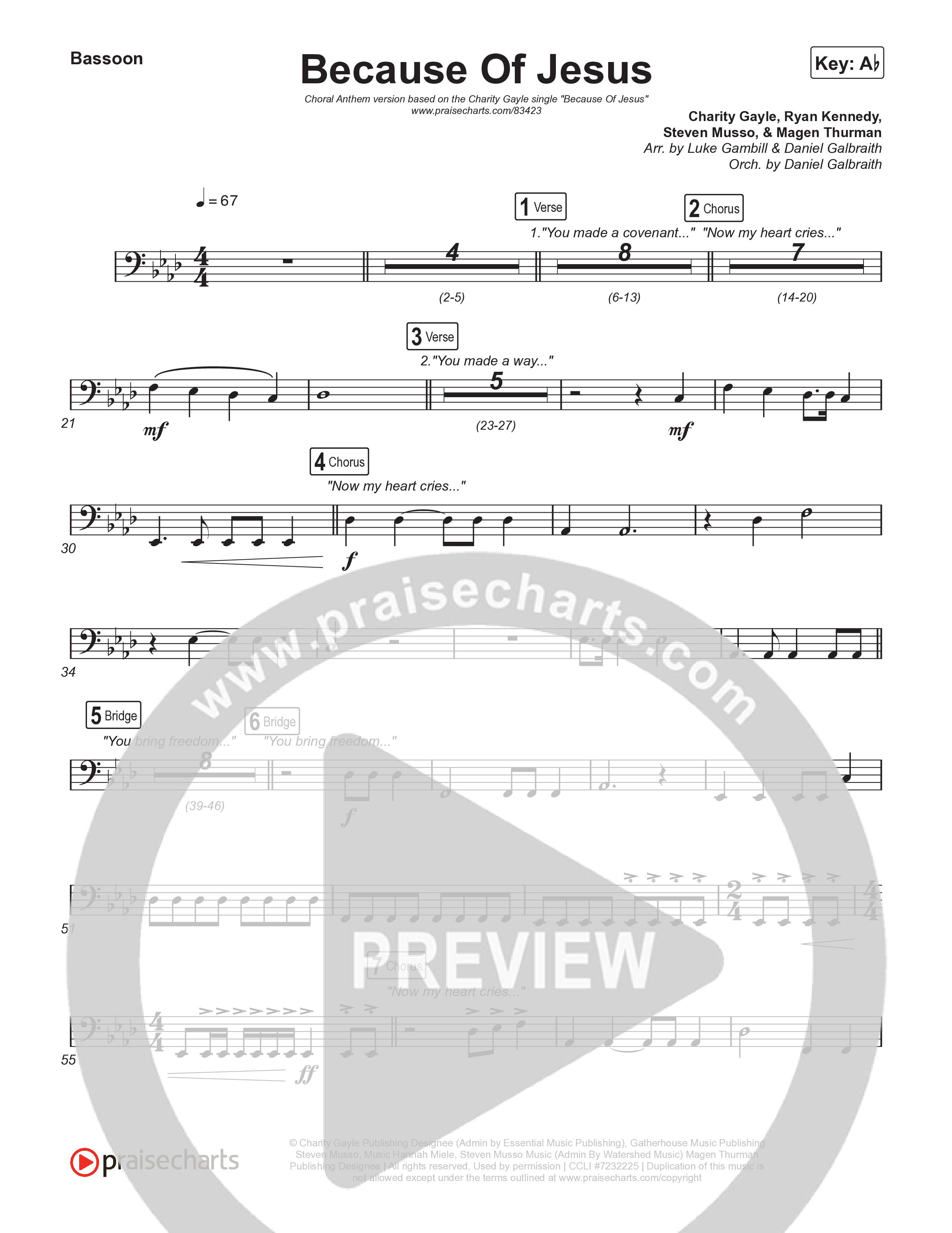 Because Of Jesus (Choral Anthem SATB) Bassoon (Charity Gayle / Arr. Luke Gambill)