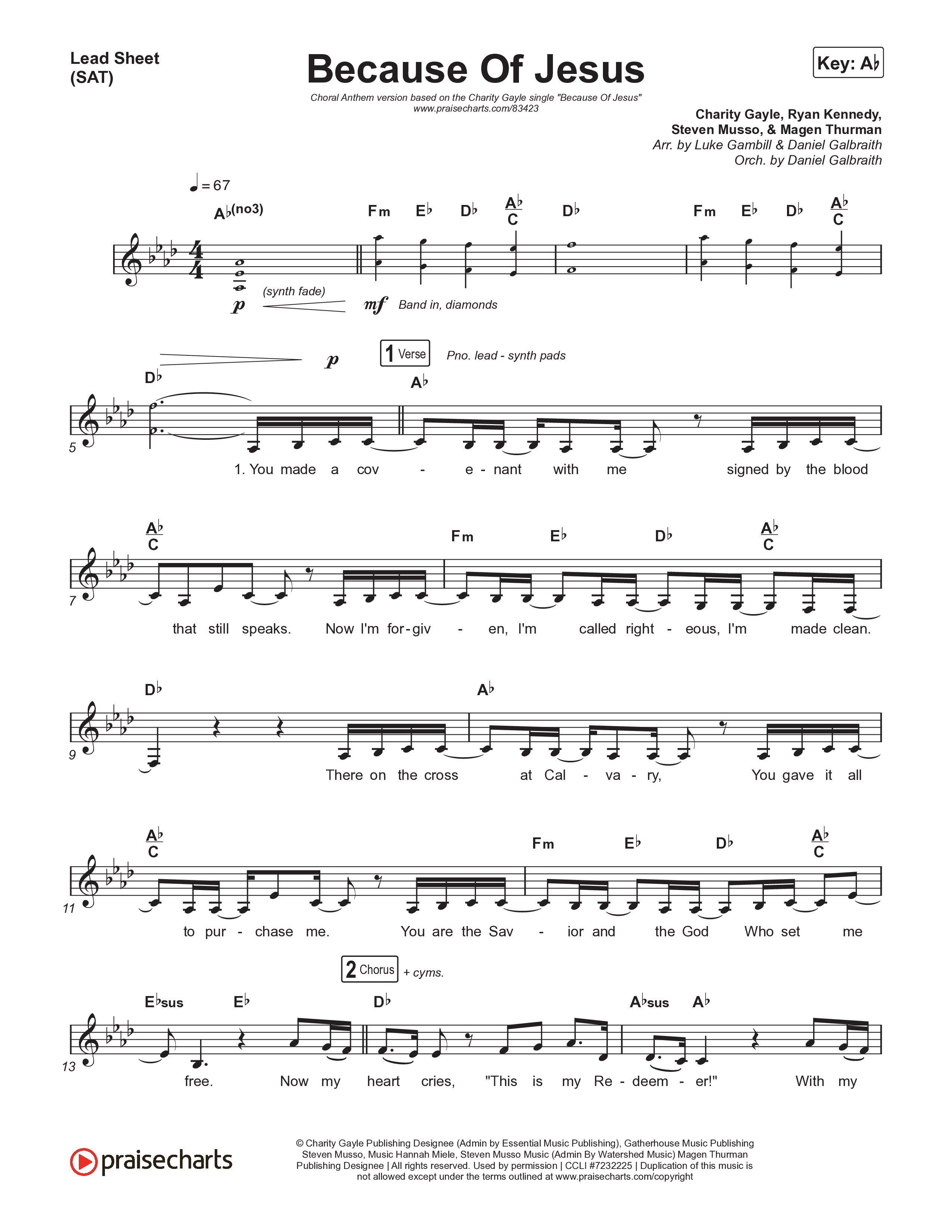 Because Of Jesus (Choral Anthem SATB) Lead Sheet (SAT) (Charity Gayle / Arr. Luke Gambill)
