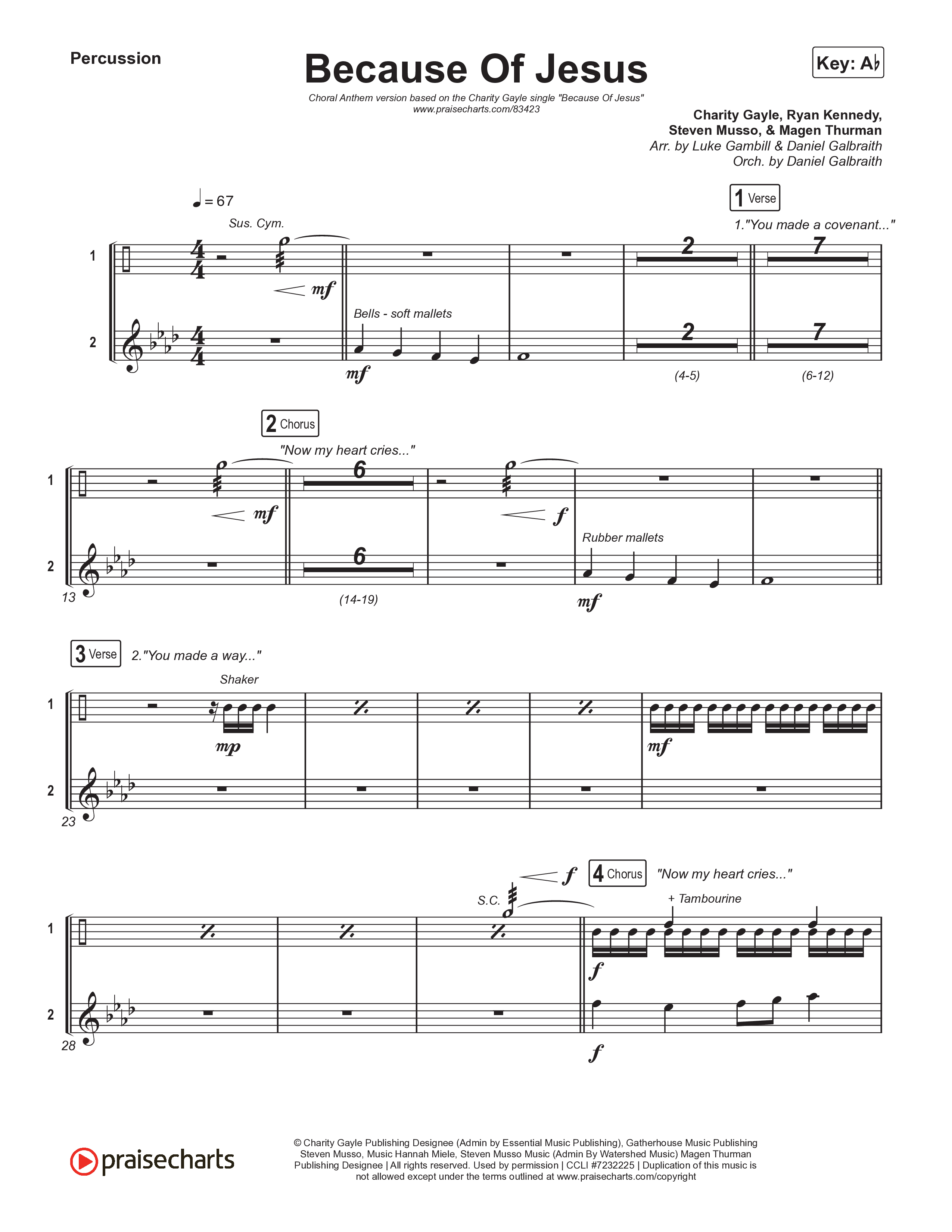 Because Of Jesus (Choral Anthem SATB) Percussion (Charity Gayle / Arr. Luke Gambill)