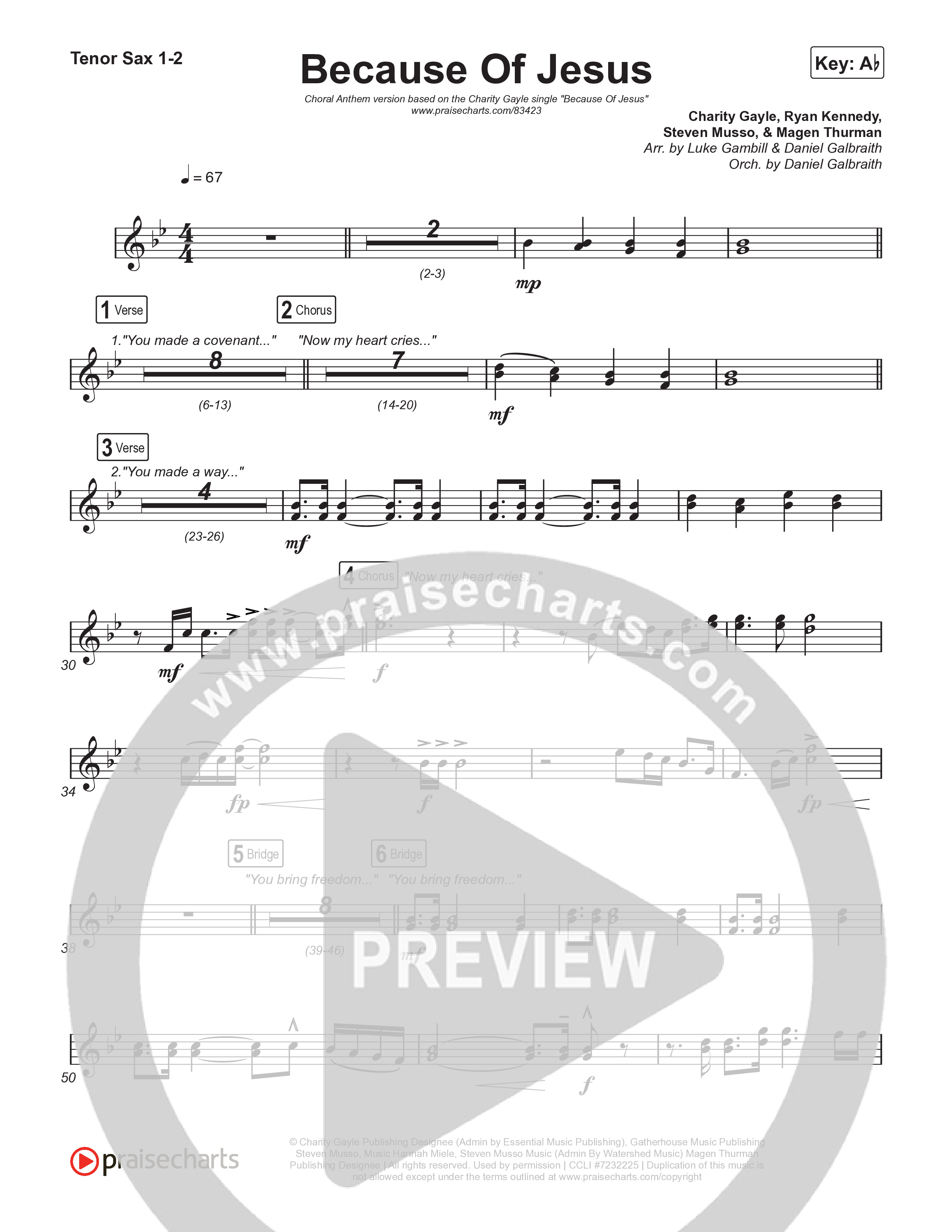 Because Of Jesus (Choral Anthem SATB) Tenor Sax 1,2 (Charity Gayle / Arr. Luke Gambill)