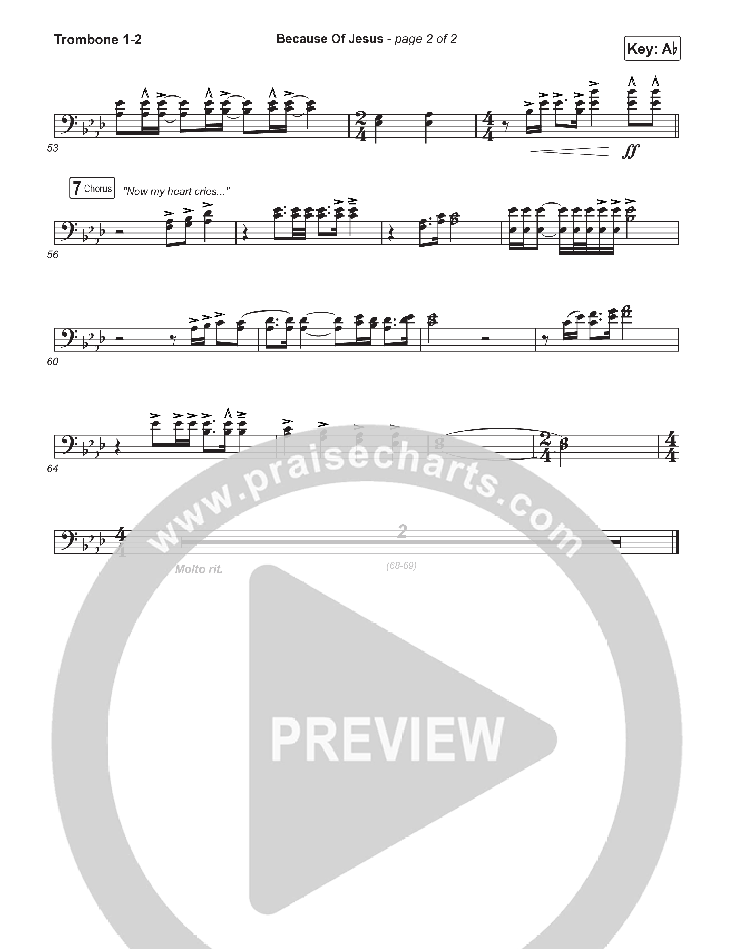 Because Of Jesus (Choral Anthem SATB) Trombone 1/2 (Charity Gayle / Arr. Luke Gambill)
