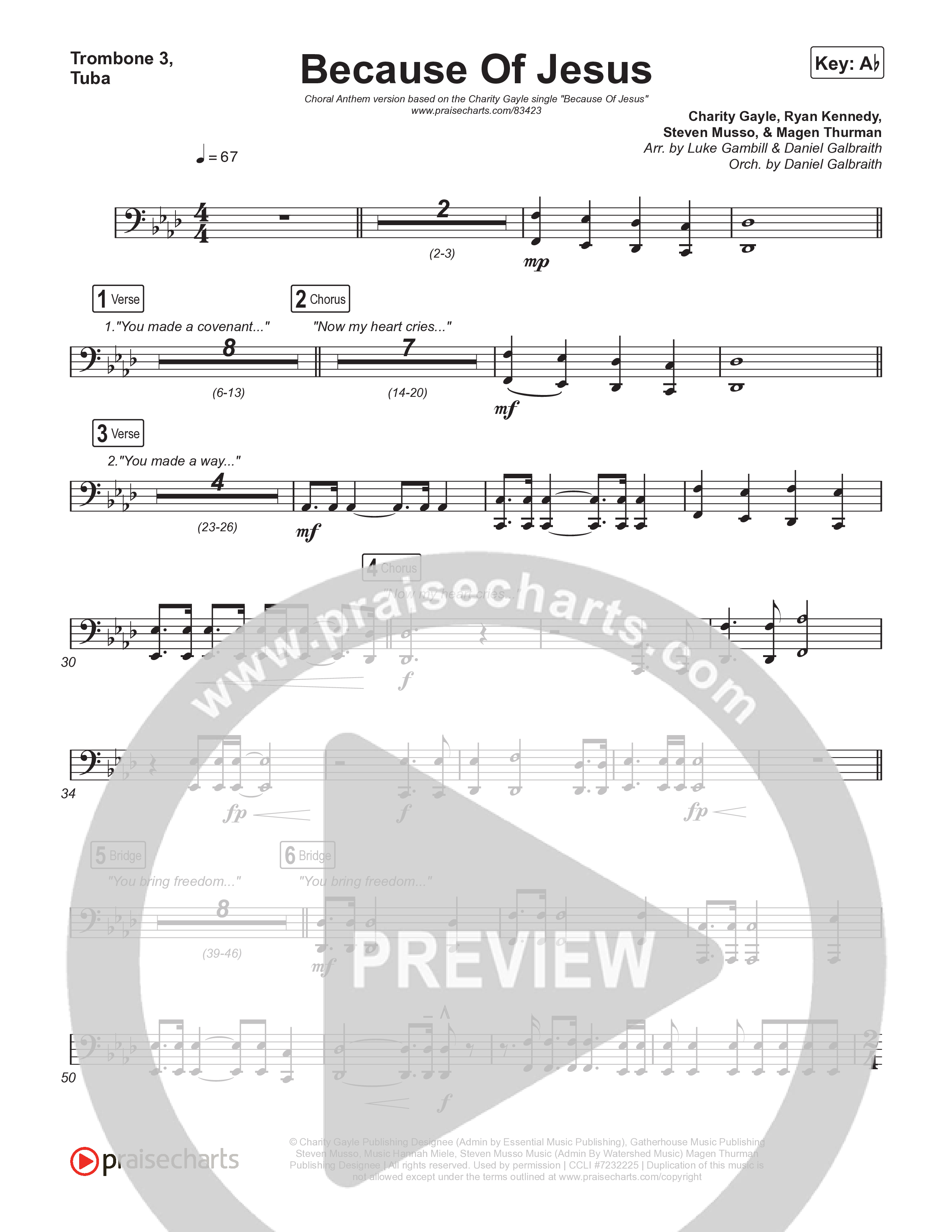 Because Of Jesus (Choral Anthem SATB) Trombone 3/Tuba (Charity Gayle / Arr. Luke Gambill)