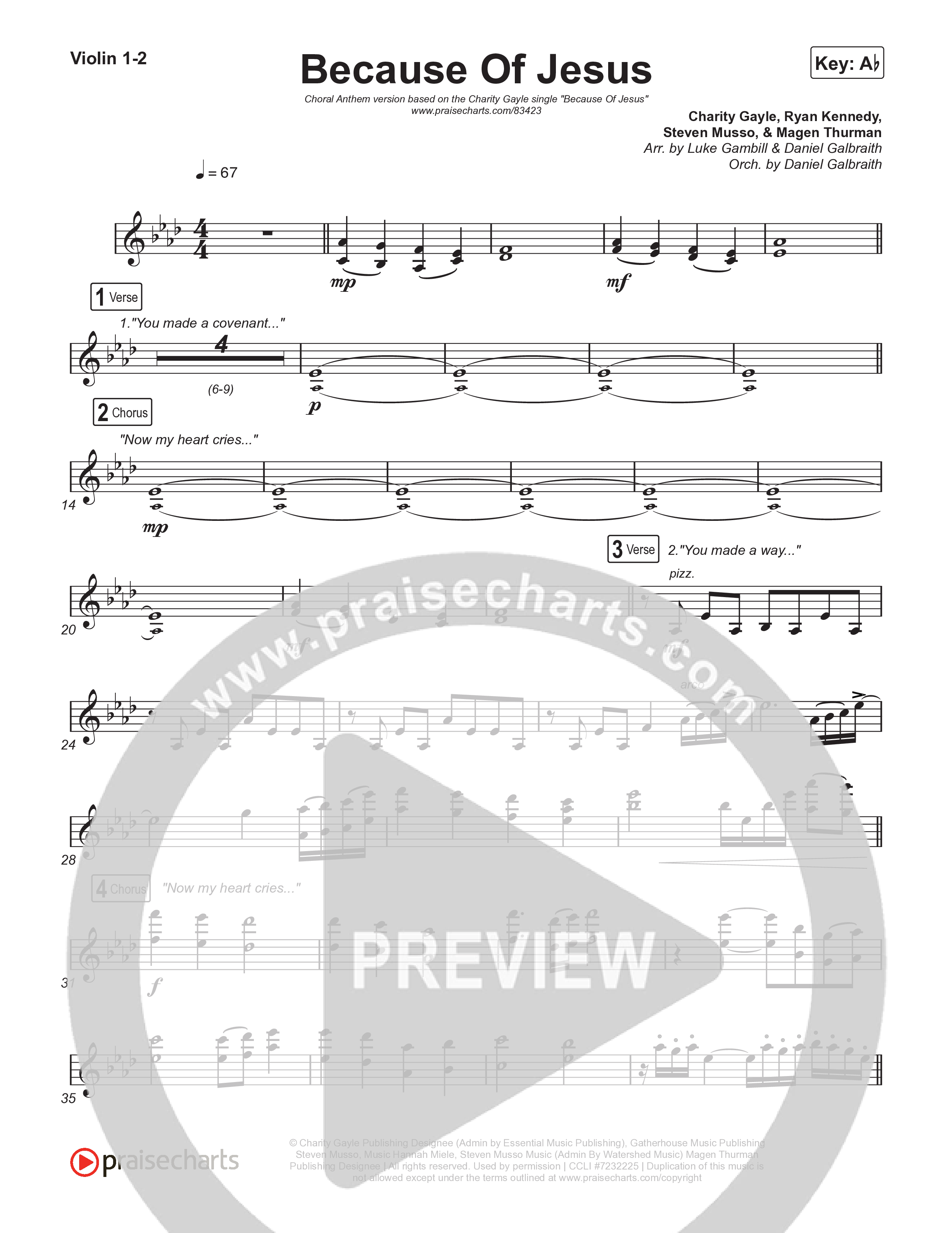 Because Of Jesus (Choral Anthem SATB) Violin 1,2 (Charity Gayle / Arr. Luke Gambill)