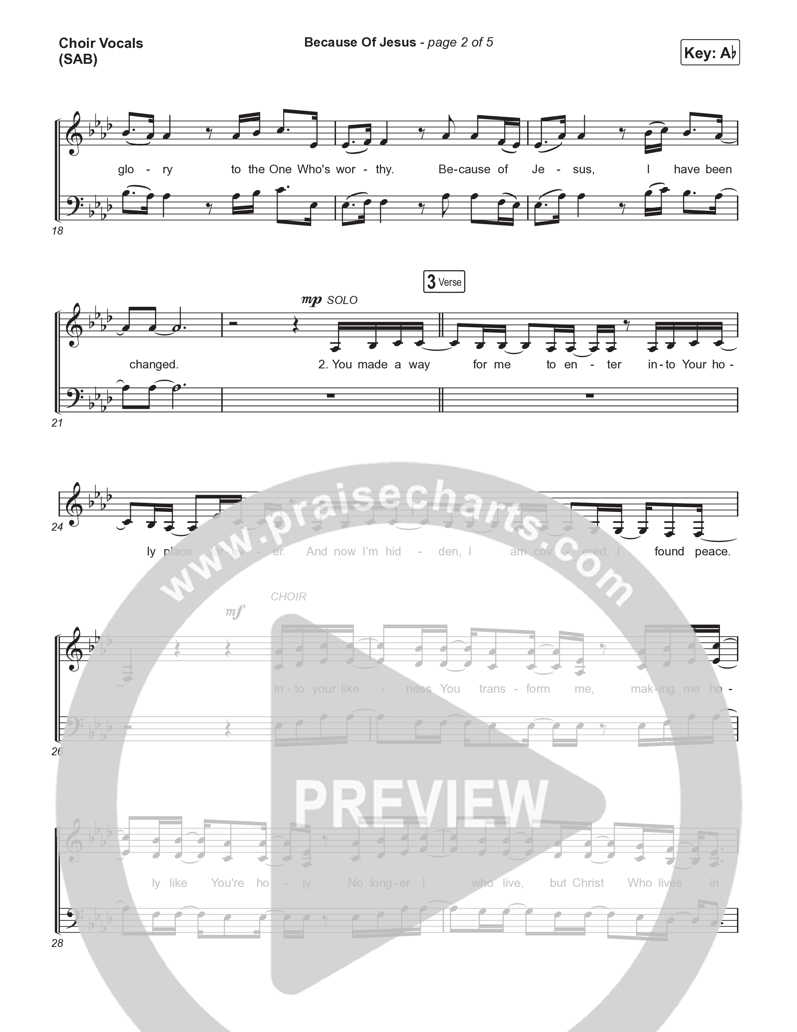 Because Of Jesus (Worship Choir/SAB) Choir Sheet (SAB) (Charity Gayle / Arr. Luke Gambill)