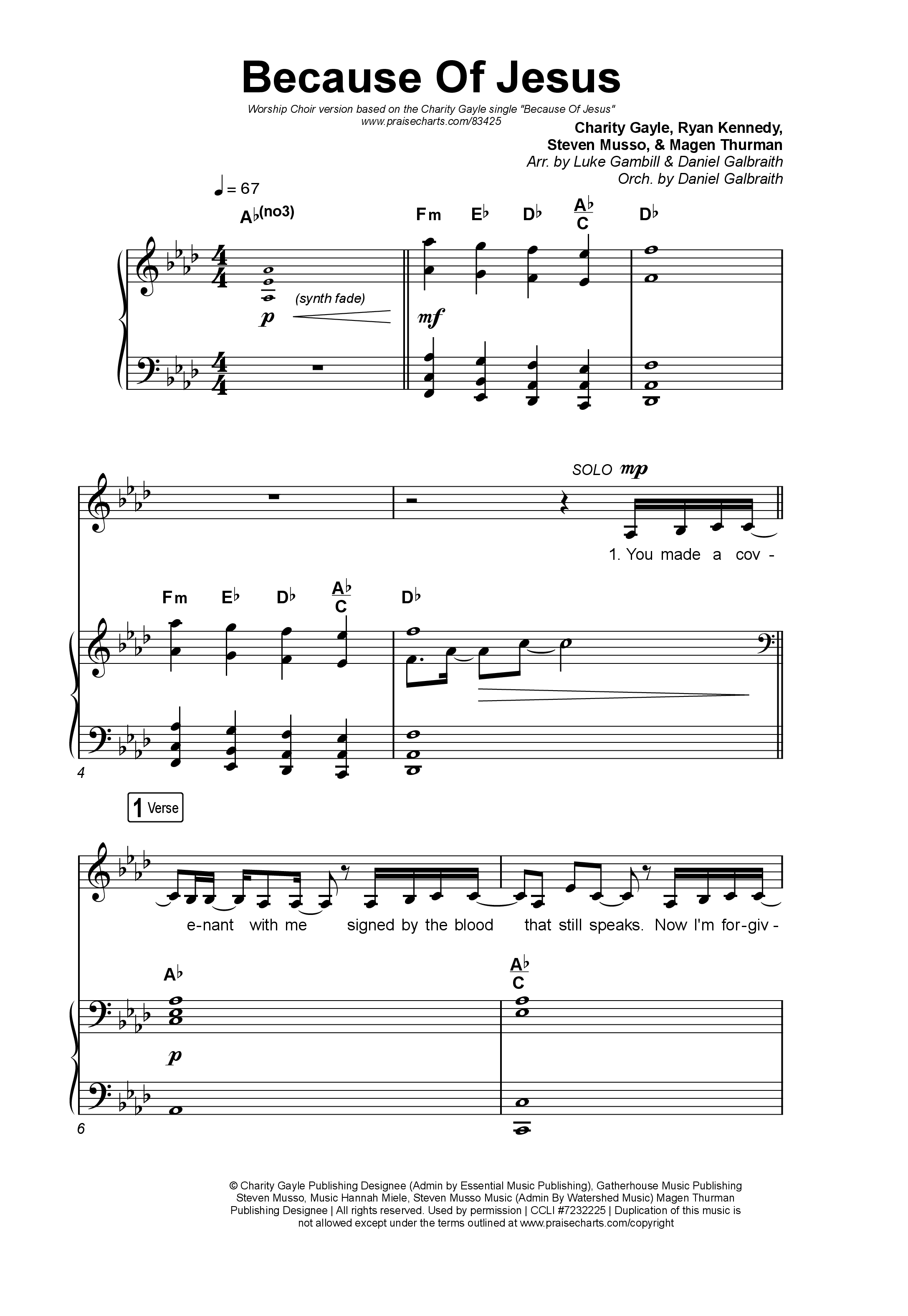 Because Of Jesus (Worship Choir/SAB) Octavo (SAB & Pno) (Charity Gayle / Arr. Luke Gambill)