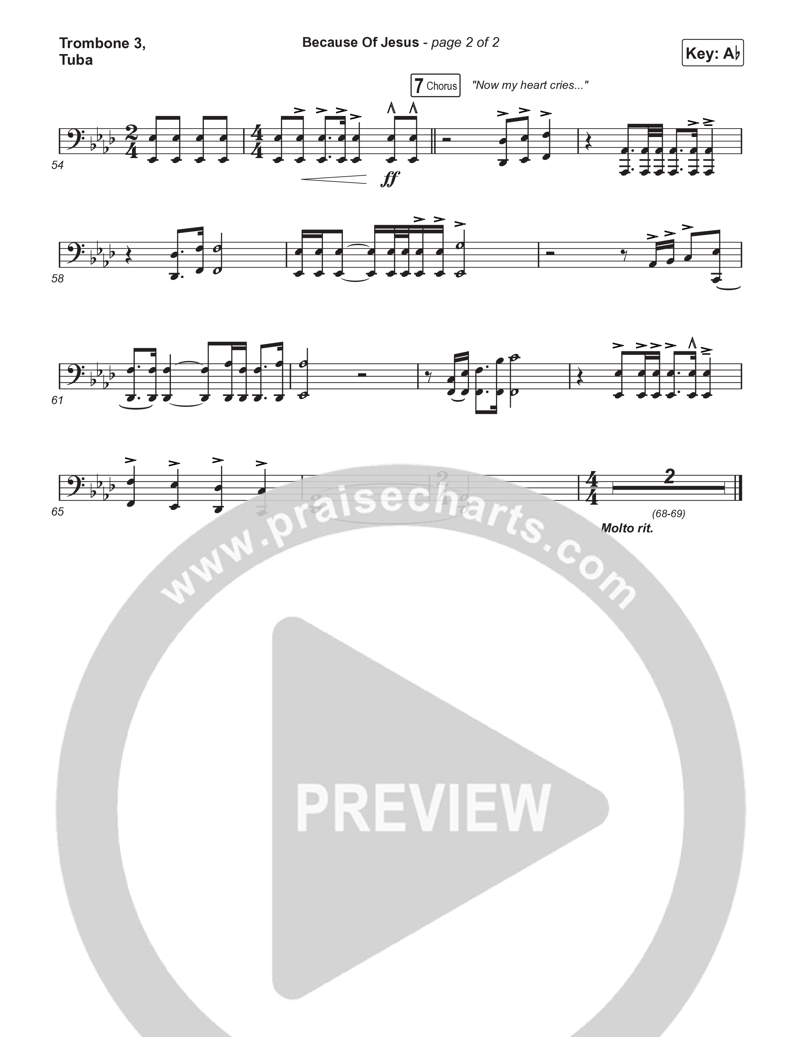 Because Of Jesus (Worship Choir/SAB) Trombone 3/Tuba (Charity Gayle / Arr. Luke Gambill)