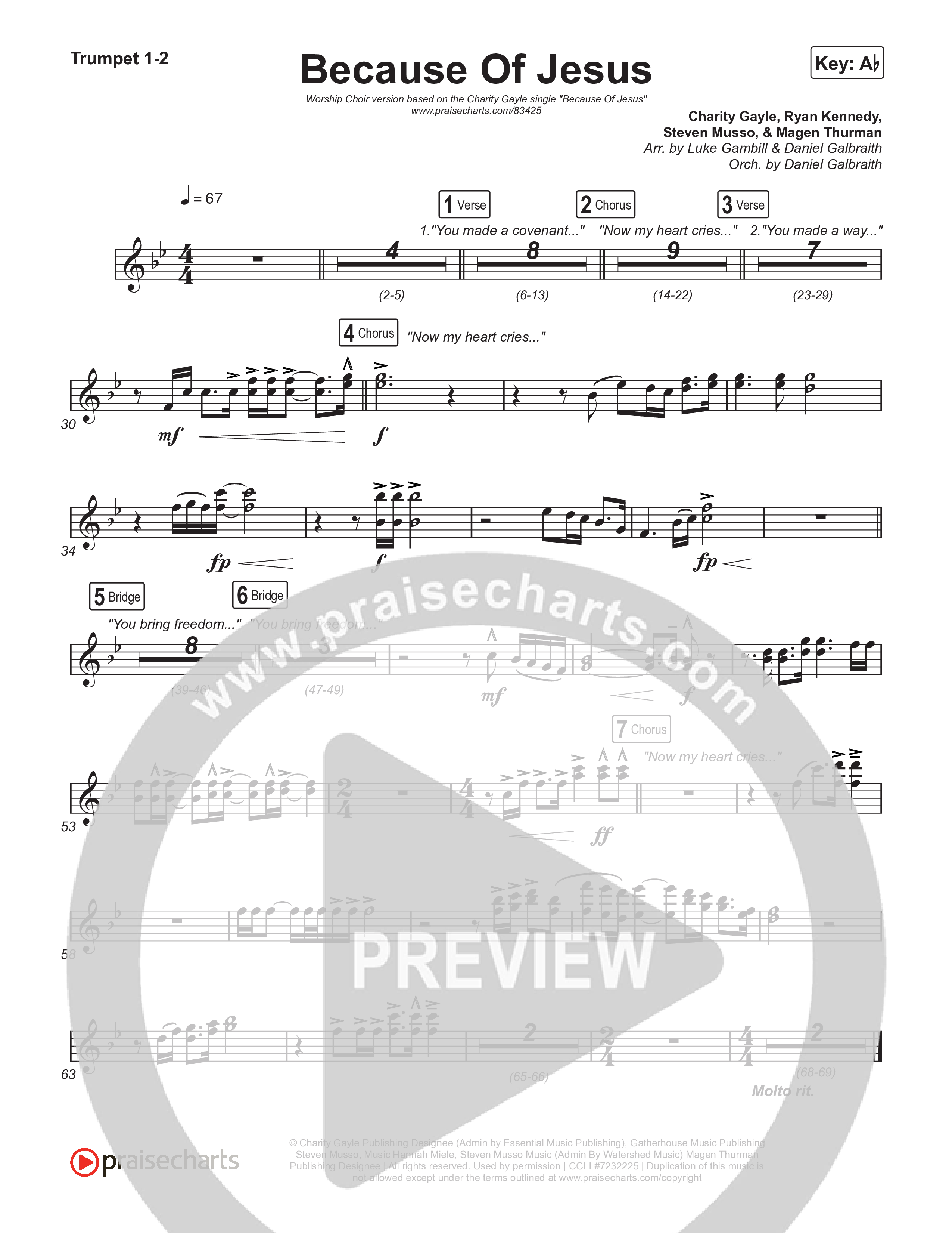 Because Of Jesus (Worship Choir/SAB) Trumpet 1,2 (Charity Gayle / Arr. Luke Gambill)