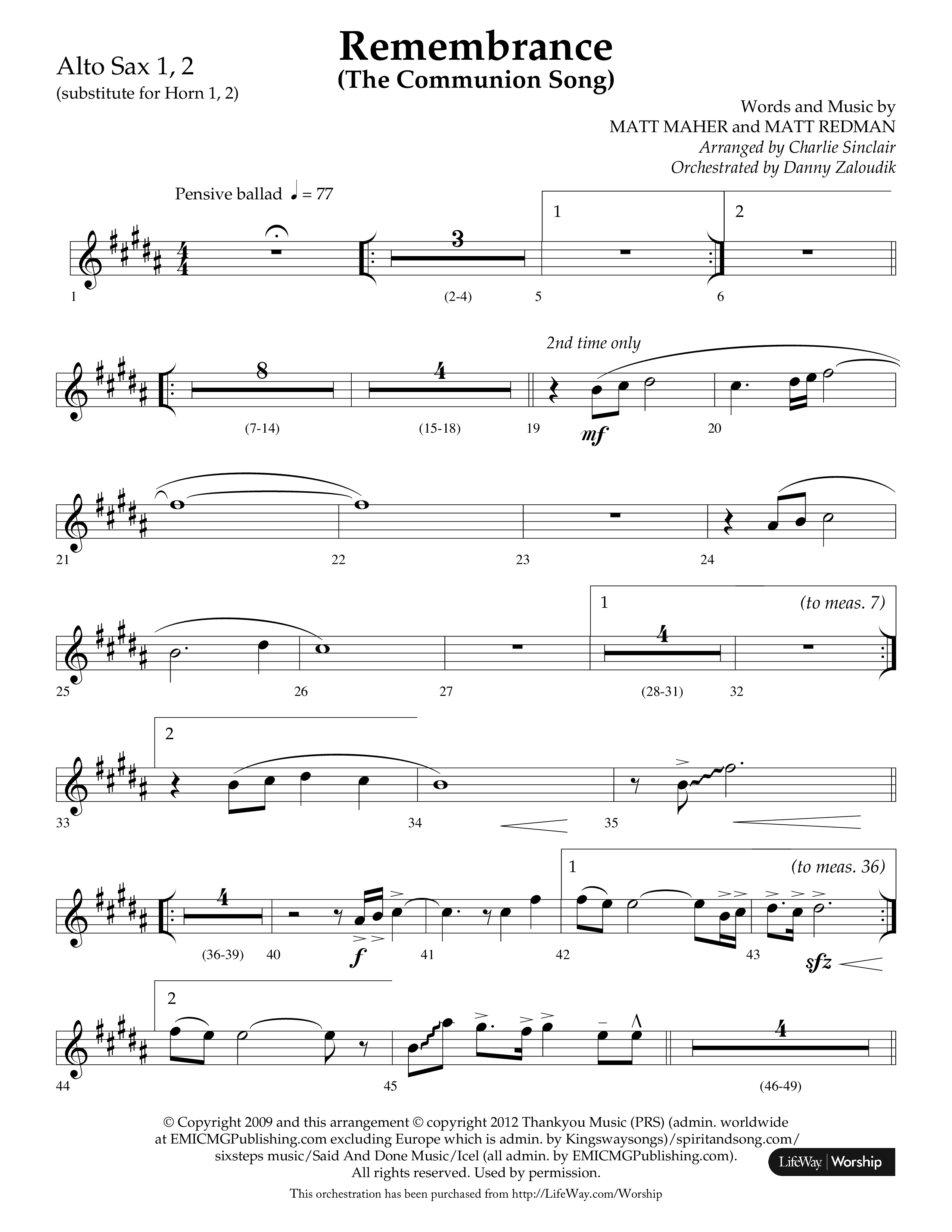 Remembrance (Choral Anthem SATB) Alto Sax 1/2 (Lifeway Choral / Arr. Charlie Sinclair / Arr. Carol Tornquist / Orch. Danny Zaloudik)