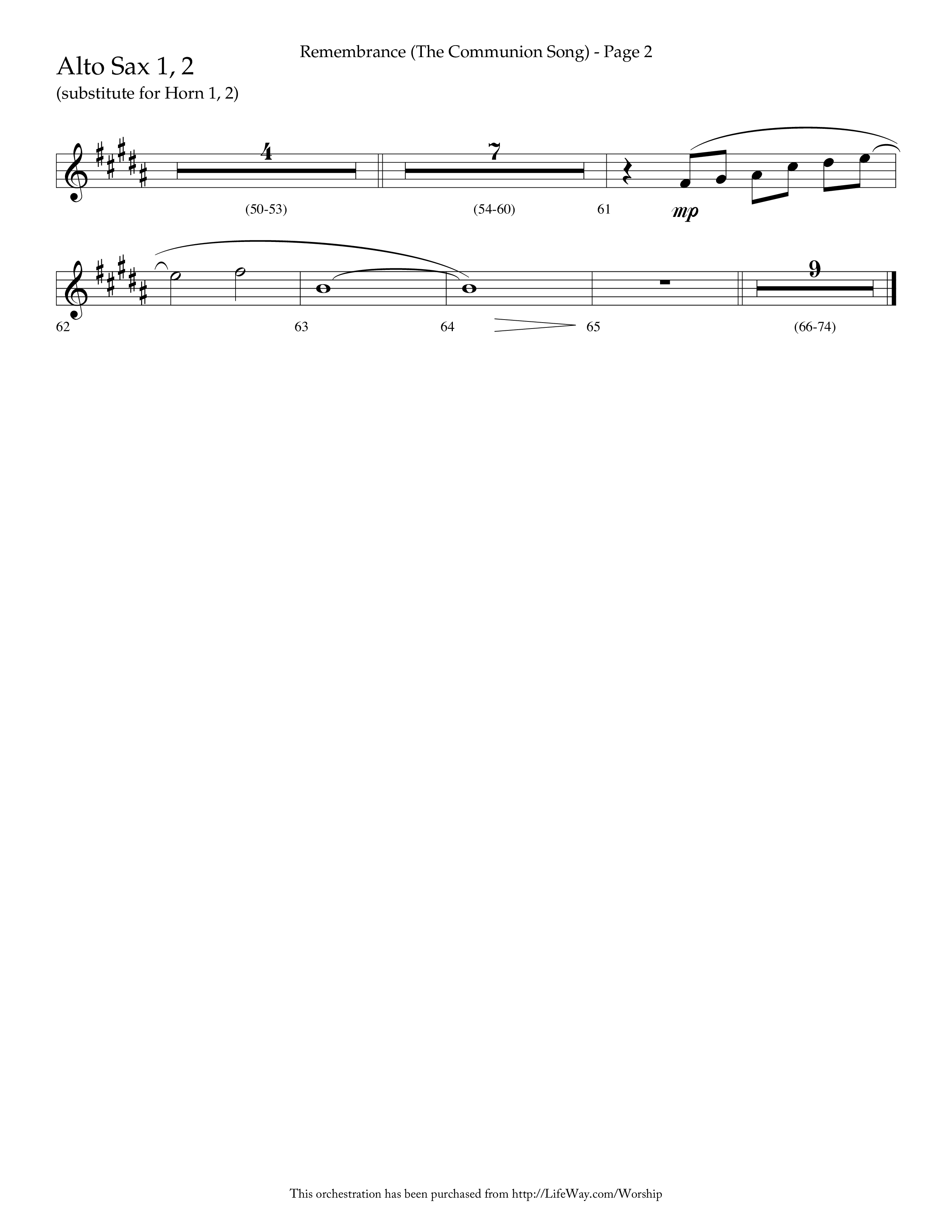 Remembrance (Choral Anthem SATB) Alto Sax 1/2 (Lifeway Choral / Arr. Charlie Sinclair / Arr. Carol Tornquist / Orch. Danny Zaloudik)