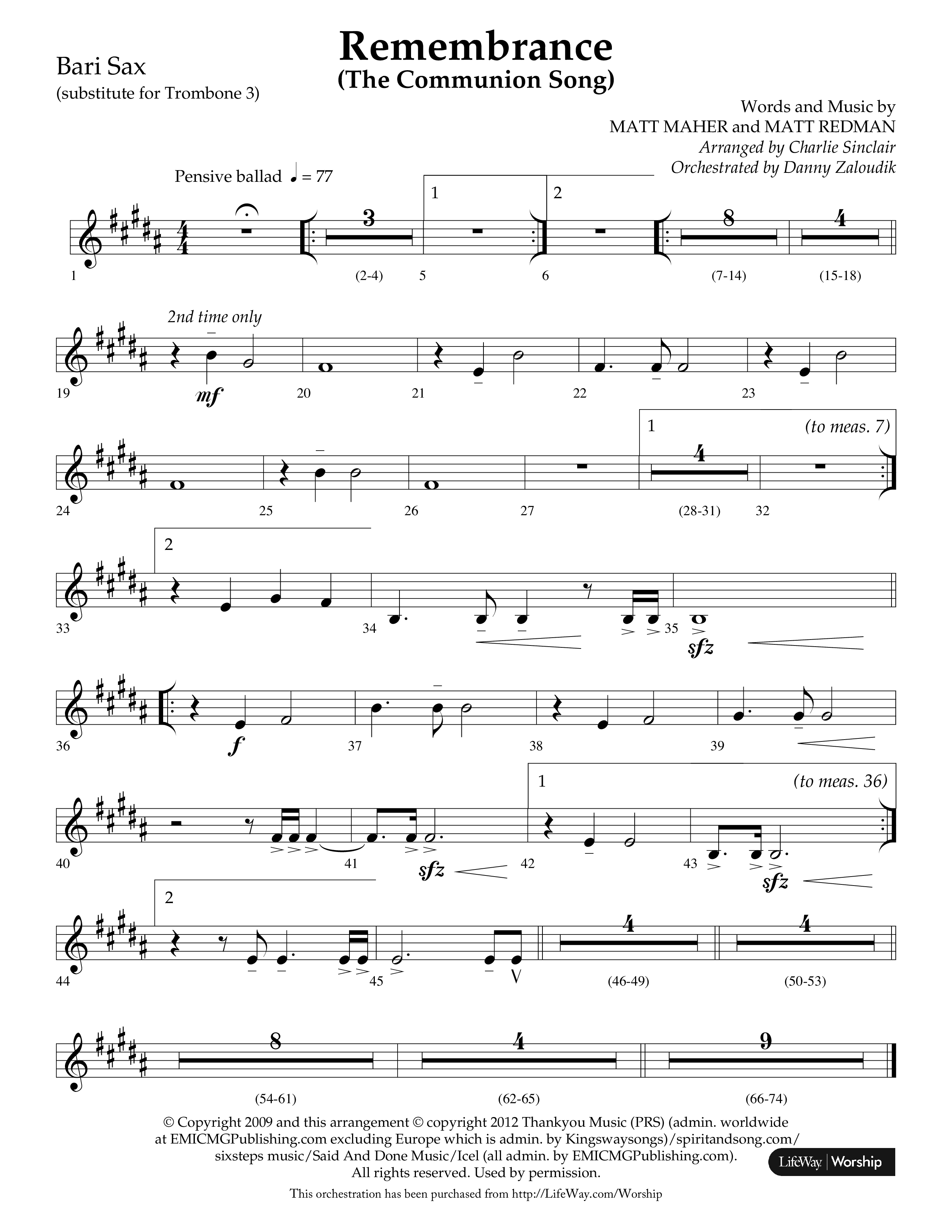 Remembrance (Choral Anthem SATB) Bari Sax (Lifeway Choral / Arr. Charlie Sinclair / Arr. Carol Tornquist / Orch. Danny Zaloudik)