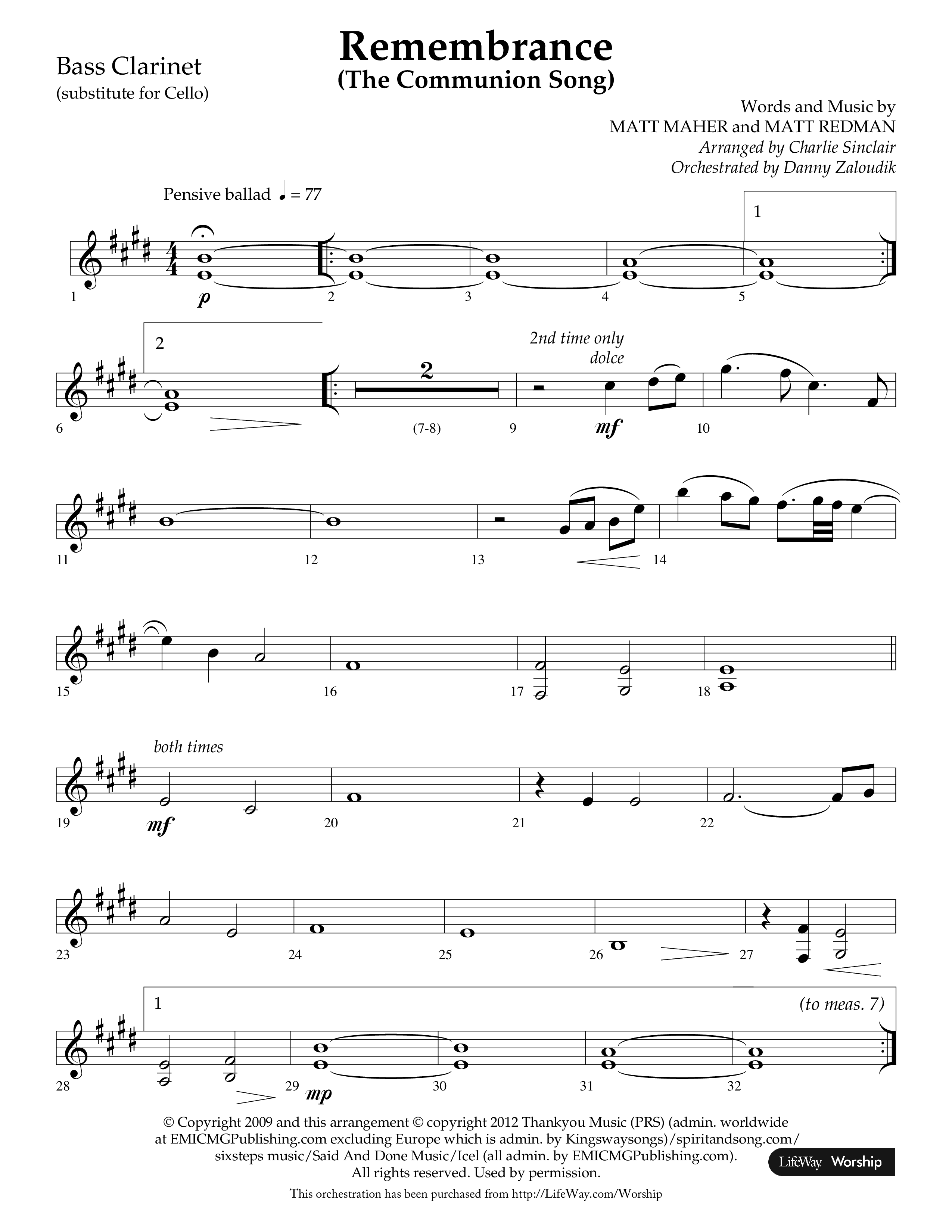 Remembrance (Choral Anthem SATB) Bass Clarinet (Lifeway Choral / Arr. Charlie Sinclair / Arr. Carol Tornquist / Orch. Danny Zaloudik)