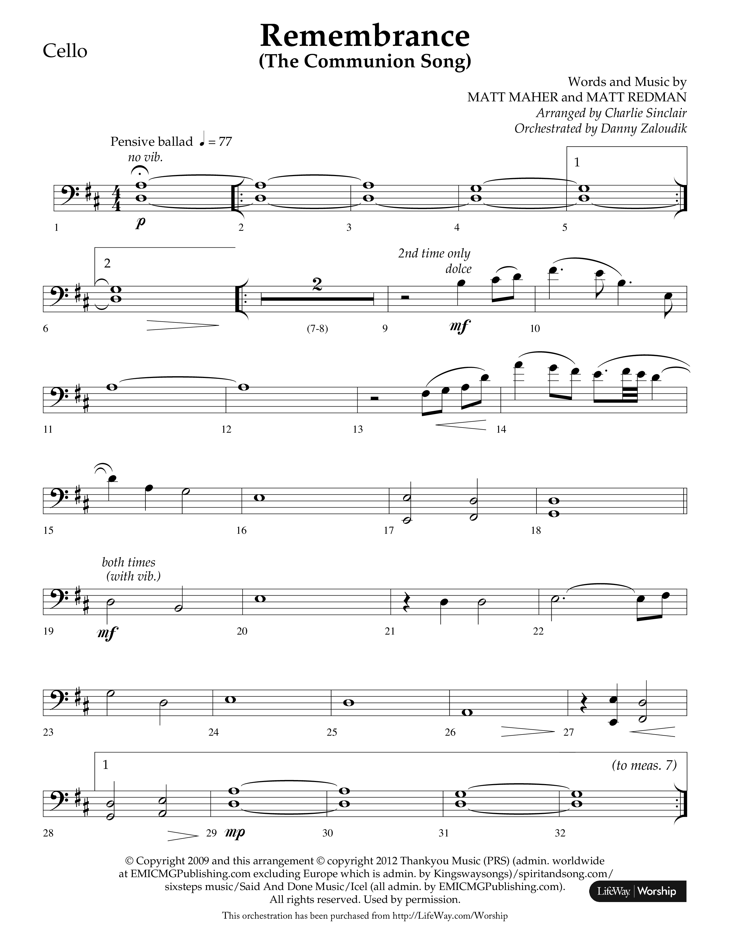 Remembrance (Choral Anthem SATB) Cello (Lifeway Choral / Arr. Charlie Sinclair / Arr. Carol Tornquist / Orch. Danny Zaloudik)
