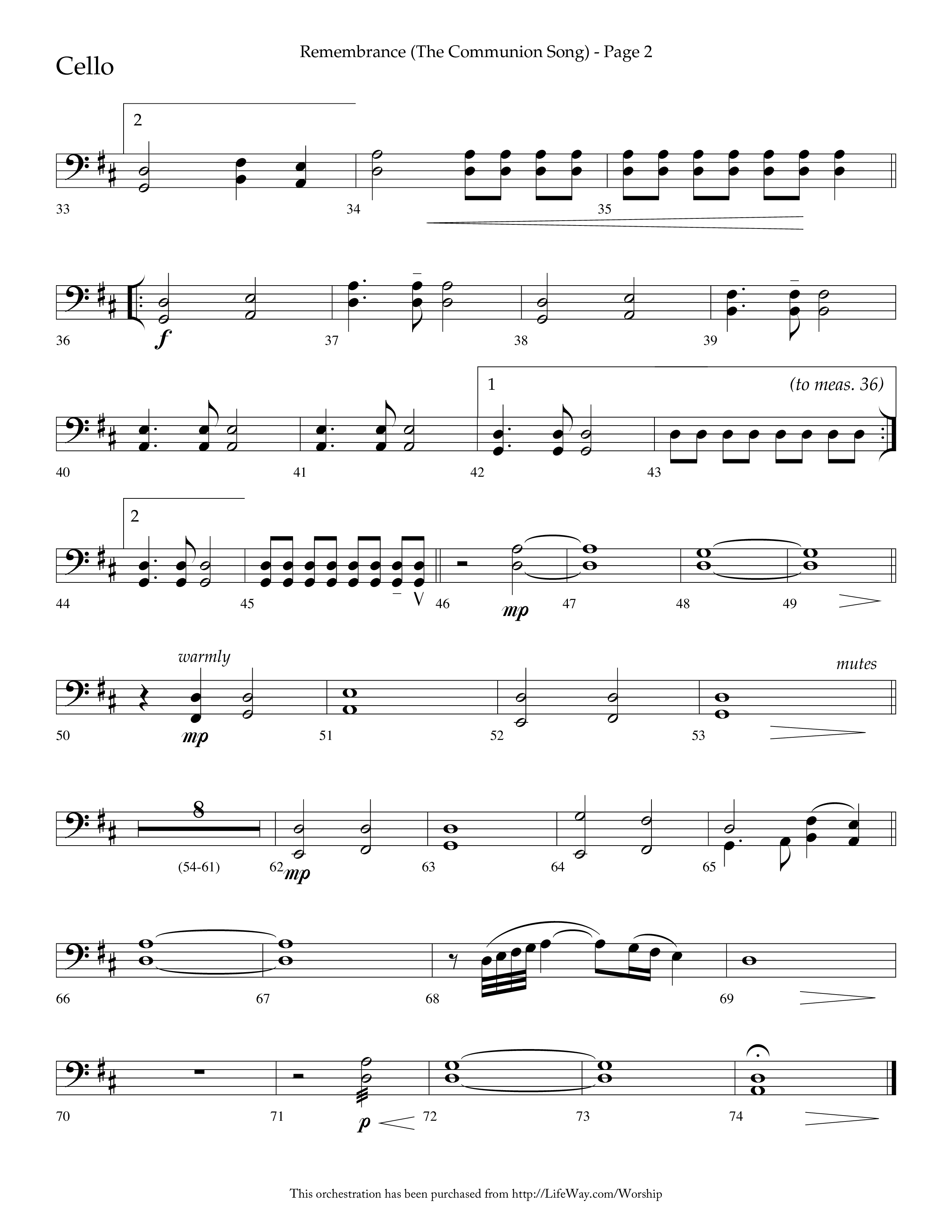 Remembrance (Choral Anthem SATB) Cello (Lifeway Choral / Arr. Charlie Sinclair / Arr. Carol Tornquist / Orch. Danny Zaloudik)