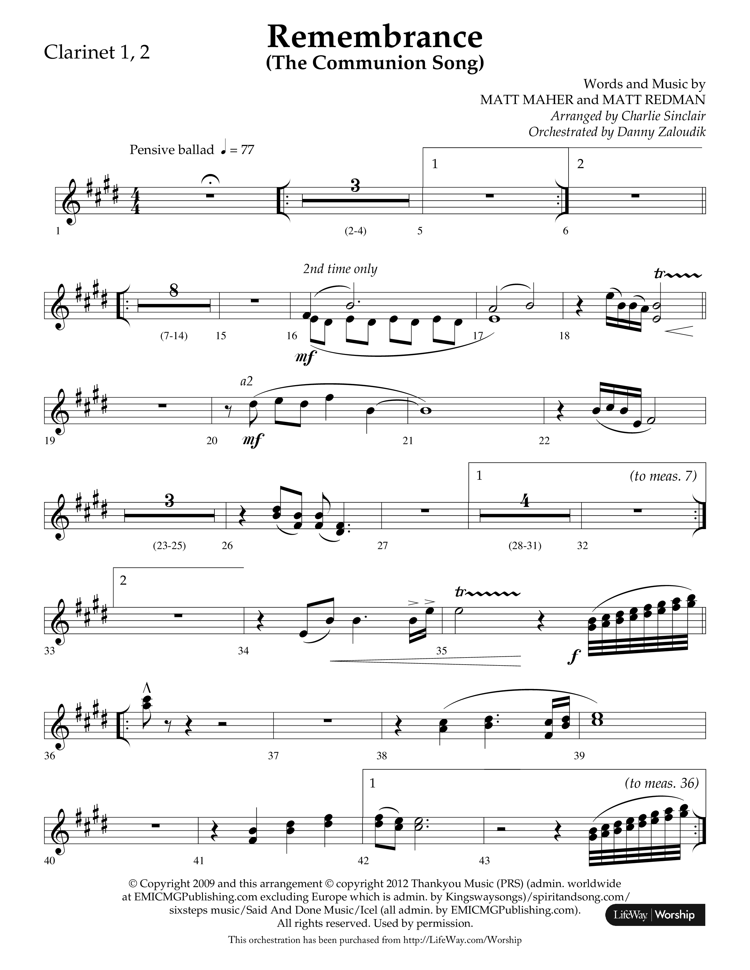 Remembrance (Choral Anthem SATB) Clarinet 1/2 (Lifeway Choral / Arr. Charlie Sinclair / Arr. Carol Tornquist / Orch. Danny Zaloudik)