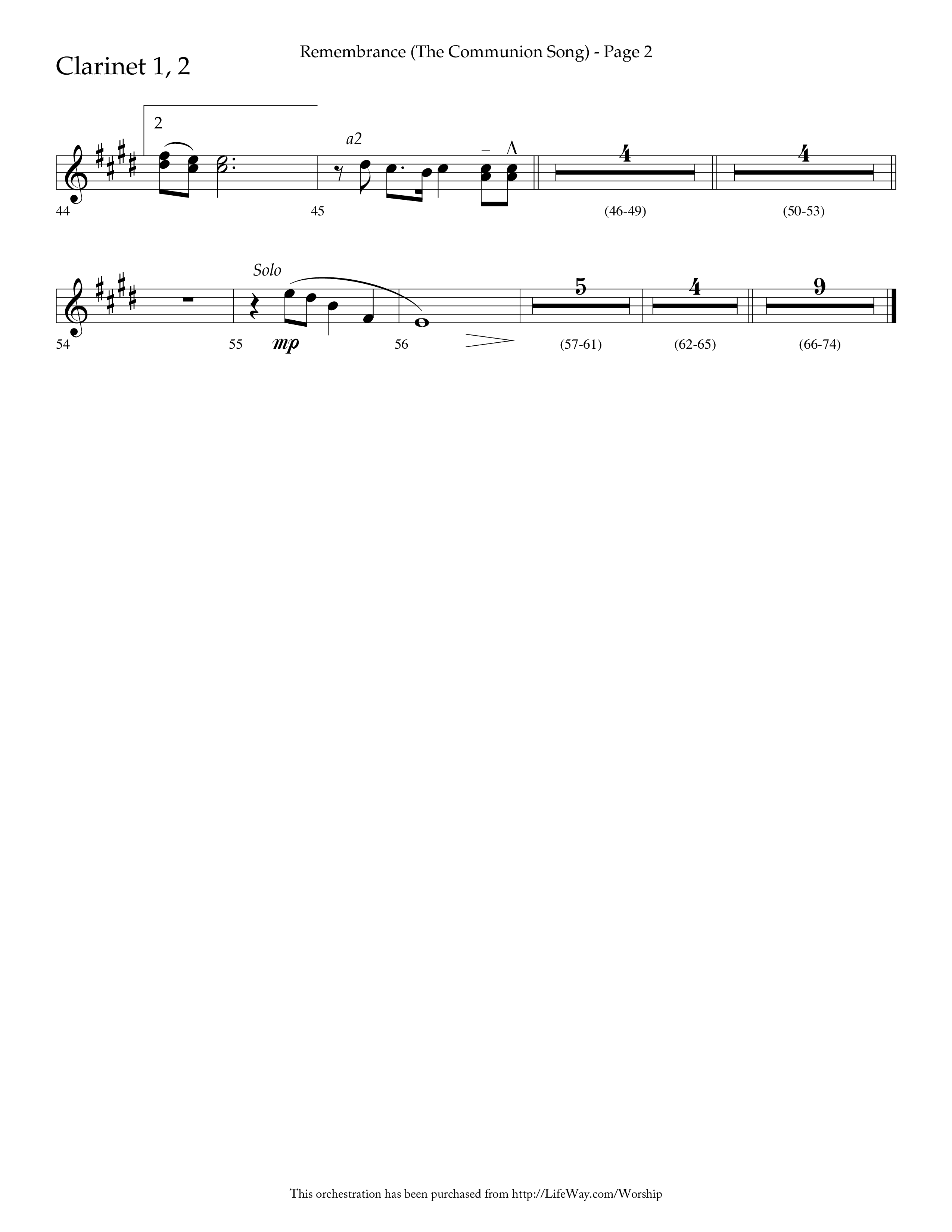 Remembrance (Choral Anthem SATB) Clarinet 1/2 (Lifeway Choral / Arr. Charlie Sinclair / Arr. Carol Tornquist / Orch. Danny Zaloudik)