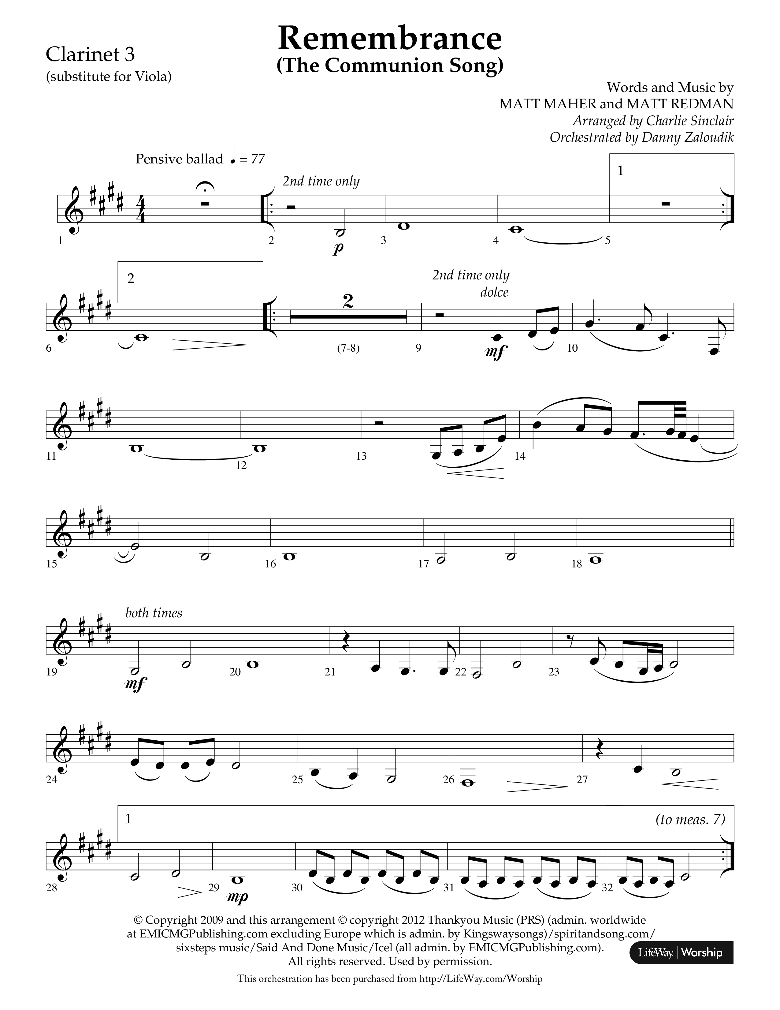 Remembrance (Choral Anthem SATB) Clarinet 3 (Lifeway Choral / Arr. Charlie Sinclair / Arr. Carol Tornquist / Orch. Danny Zaloudik)