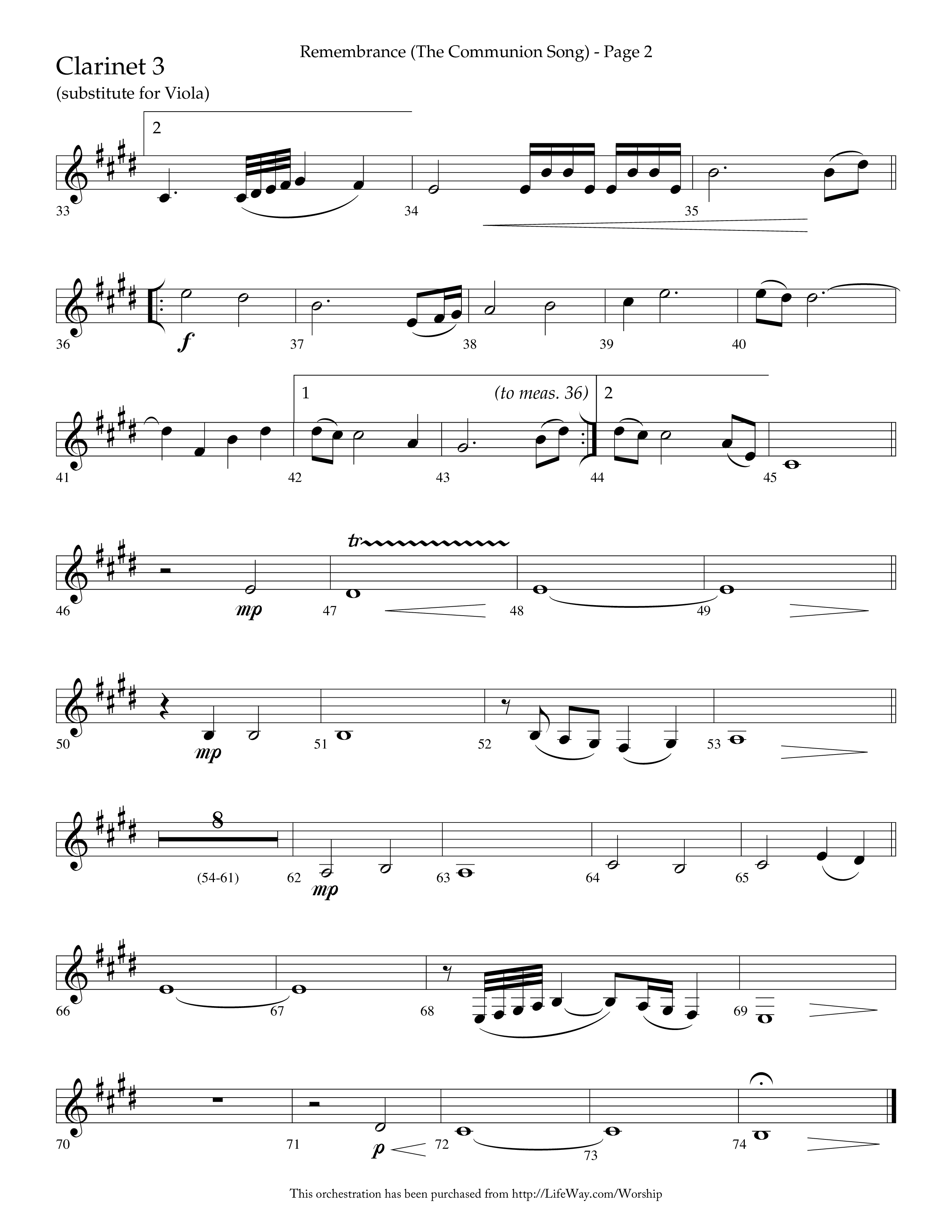 Remembrance (Choral Anthem SATB) Clarinet 3 (Lifeway Choral / Arr. Charlie Sinclair / Arr. Carol Tornquist / Orch. Danny Zaloudik)