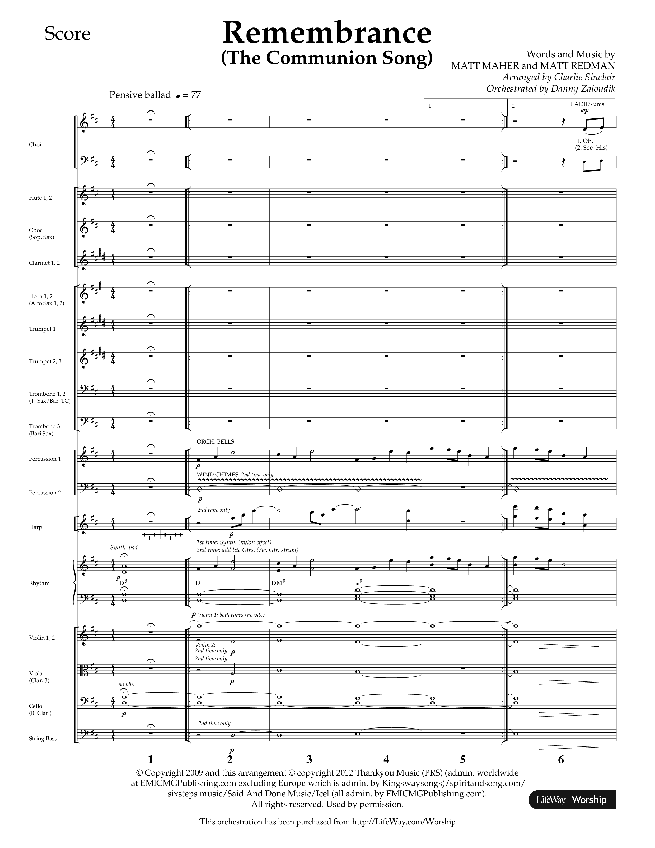 Remembrance (Choral Anthem SATB) Orchestration (Lifeway Choral / Arr. Charlie Sinclair / Arr. Carol Tornquist / Orch. Danny Zaloudik)