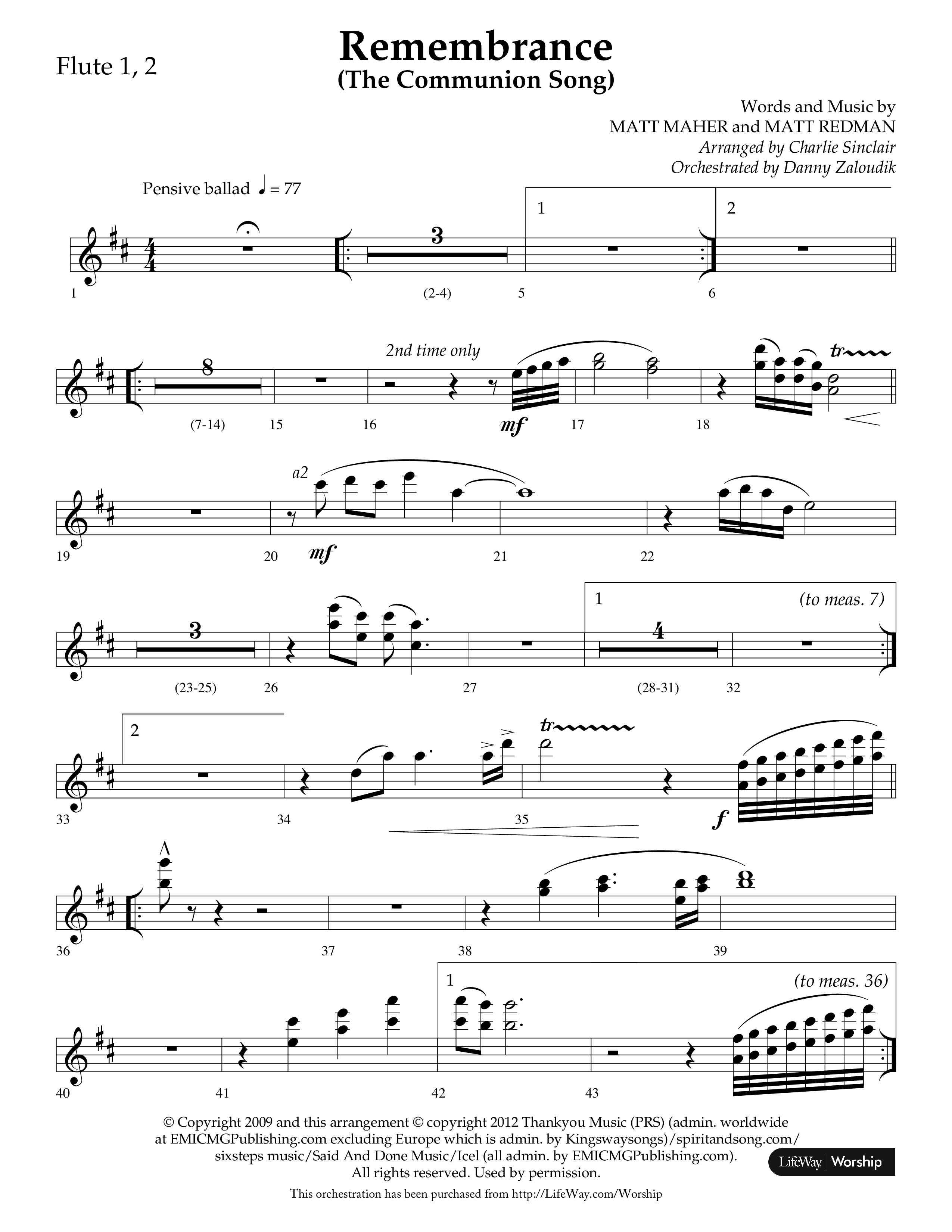 Remembrance (Choral Anthem SATB) Flute 1/2 (Lifeway Choral / Arr. Charlie Sinclair / Arr. Carol Tornquist / Orch. Danny Zaloudik)
