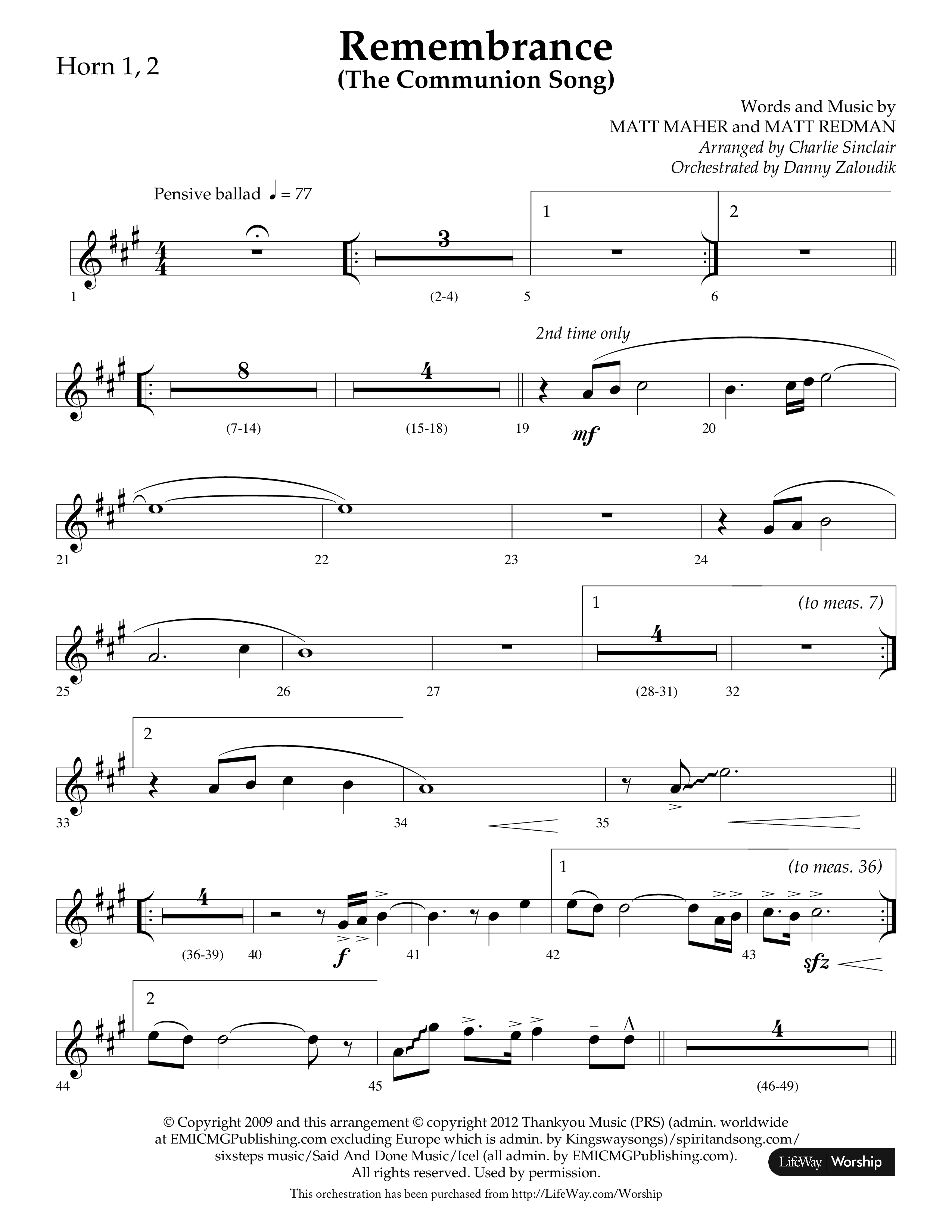 Remembrance (Choral Anthem SATB) French Horn 1/2 (Lifeway Choral / Arr. Charlie Sinclair / Arr. Carol Tornquist / Orch. Danny Zaloudik)
