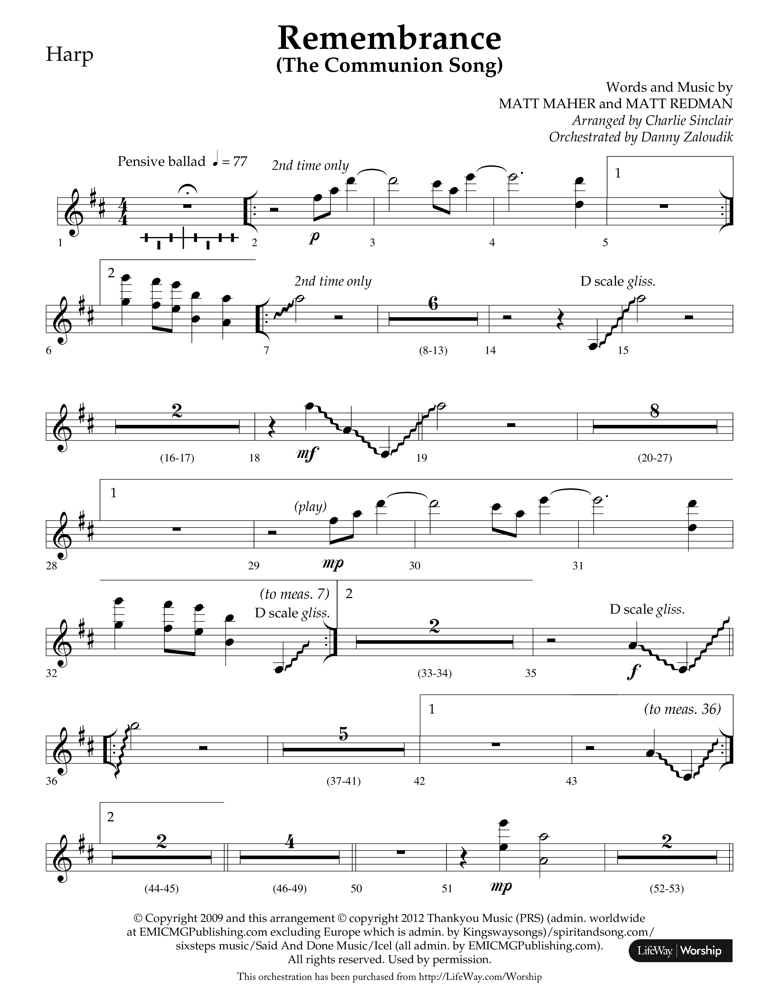 Remembrance (Choral Anthem SATB) Harp (Lifeway Choral / Arr. Charlie Sinclair / Arr. Carol Tornquist / Orch. Danny Zaloudik)