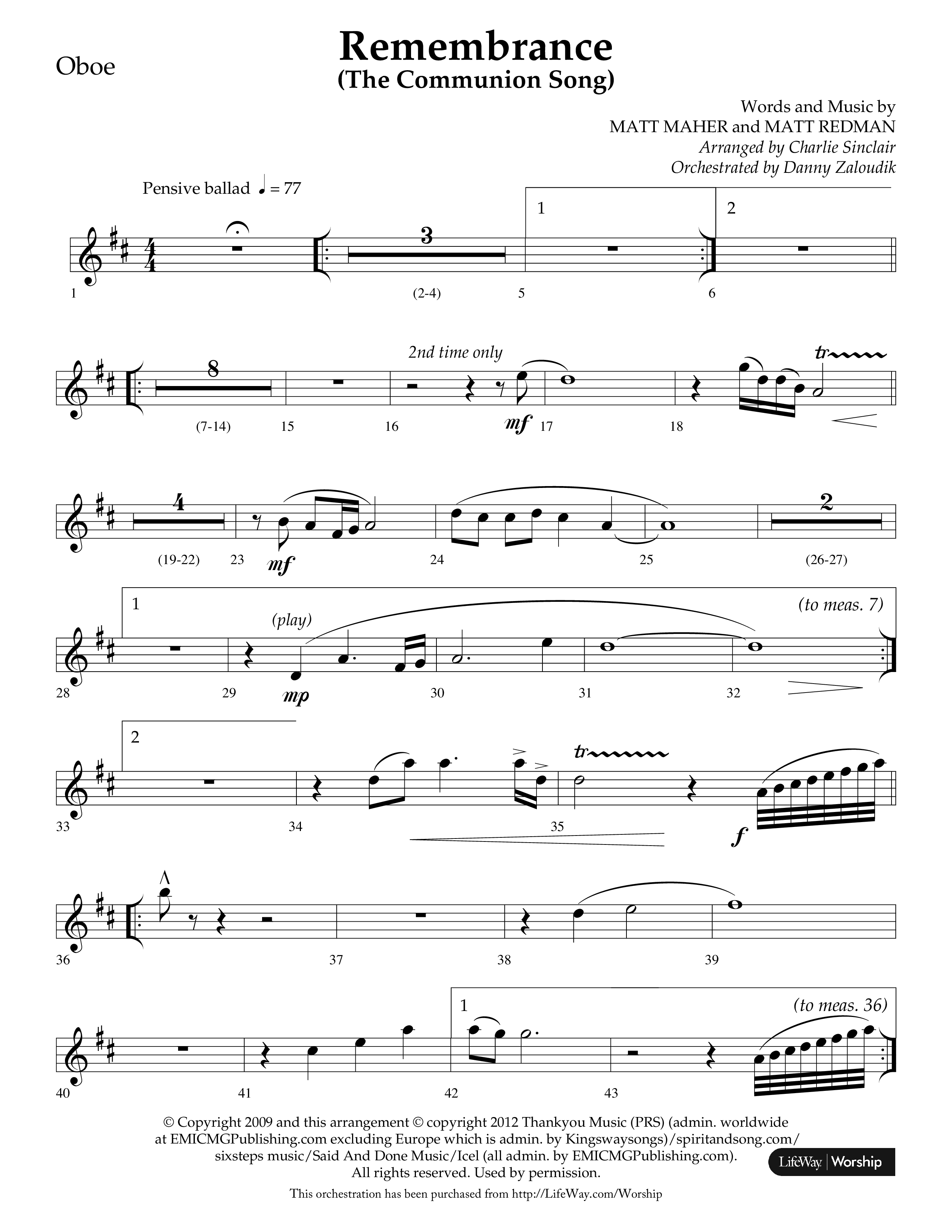 Remembrance (Choral Anthem SATB) Oboe (Lifeway Choral / Arr. Charlie Sinclair / Arr. Carol Tornquist / Orch. Danny Zaloudik)