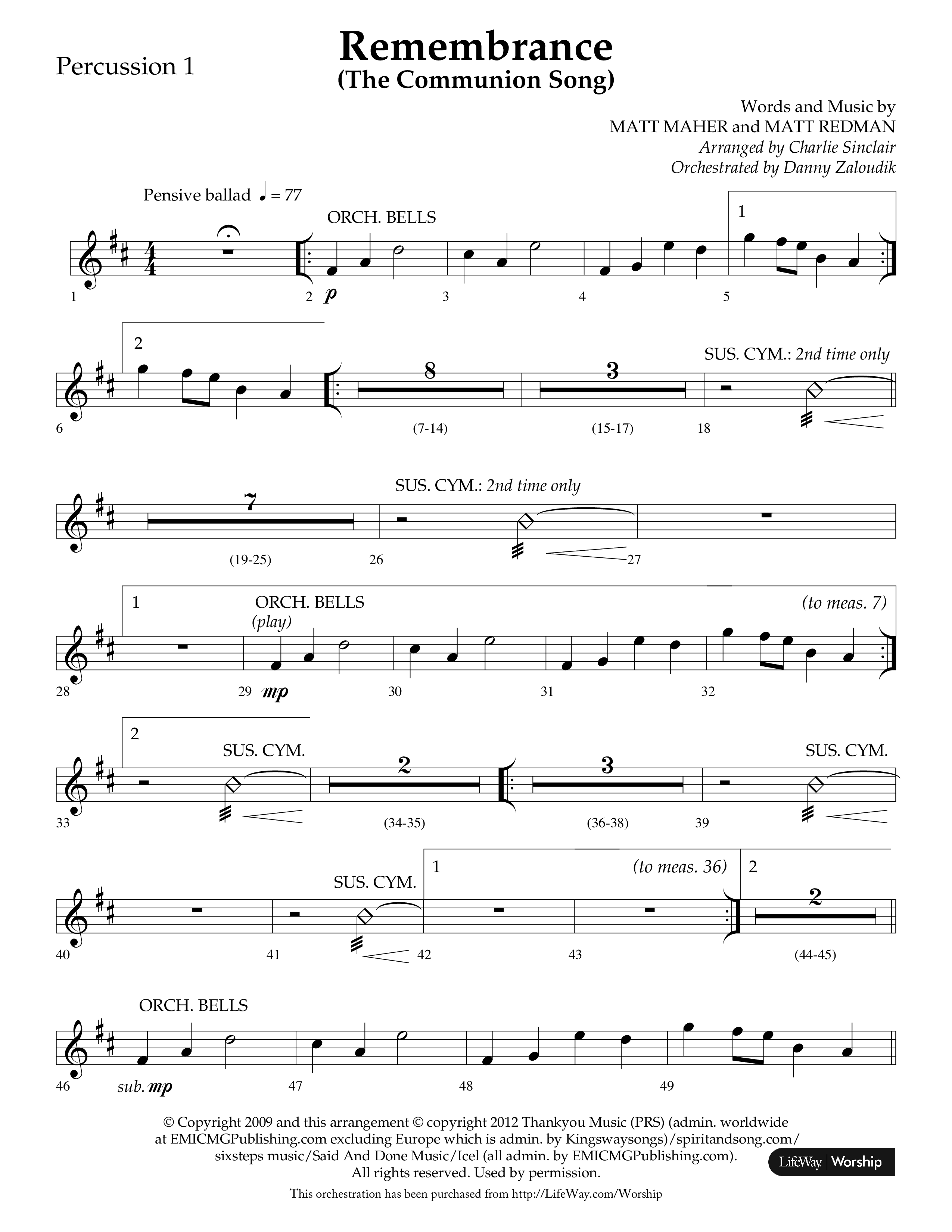 Remembrance (Choral Anthem SATB) Percussion 1/2 (Lifeway Choral / Arr. Charlie Sinclair / Arr. Carol Tornquist / Orch. Danny Zaloudik)