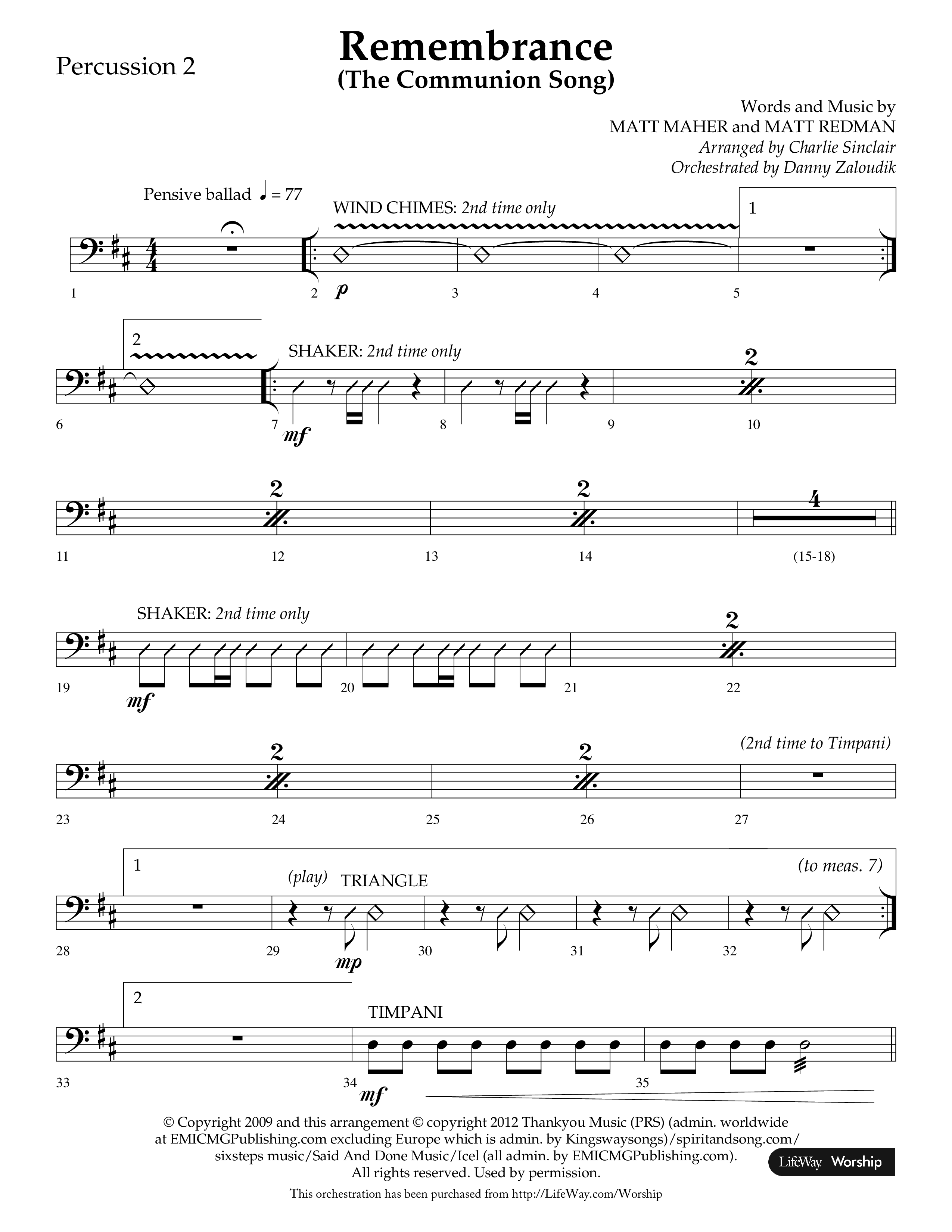Remembrance (Choral Anthem SATB) Percussion 1/2 (Lifeway Choral / Arr. Charlie Sinclair / Arr. Carol Tornquist / Orch. Danny Zaloudik)