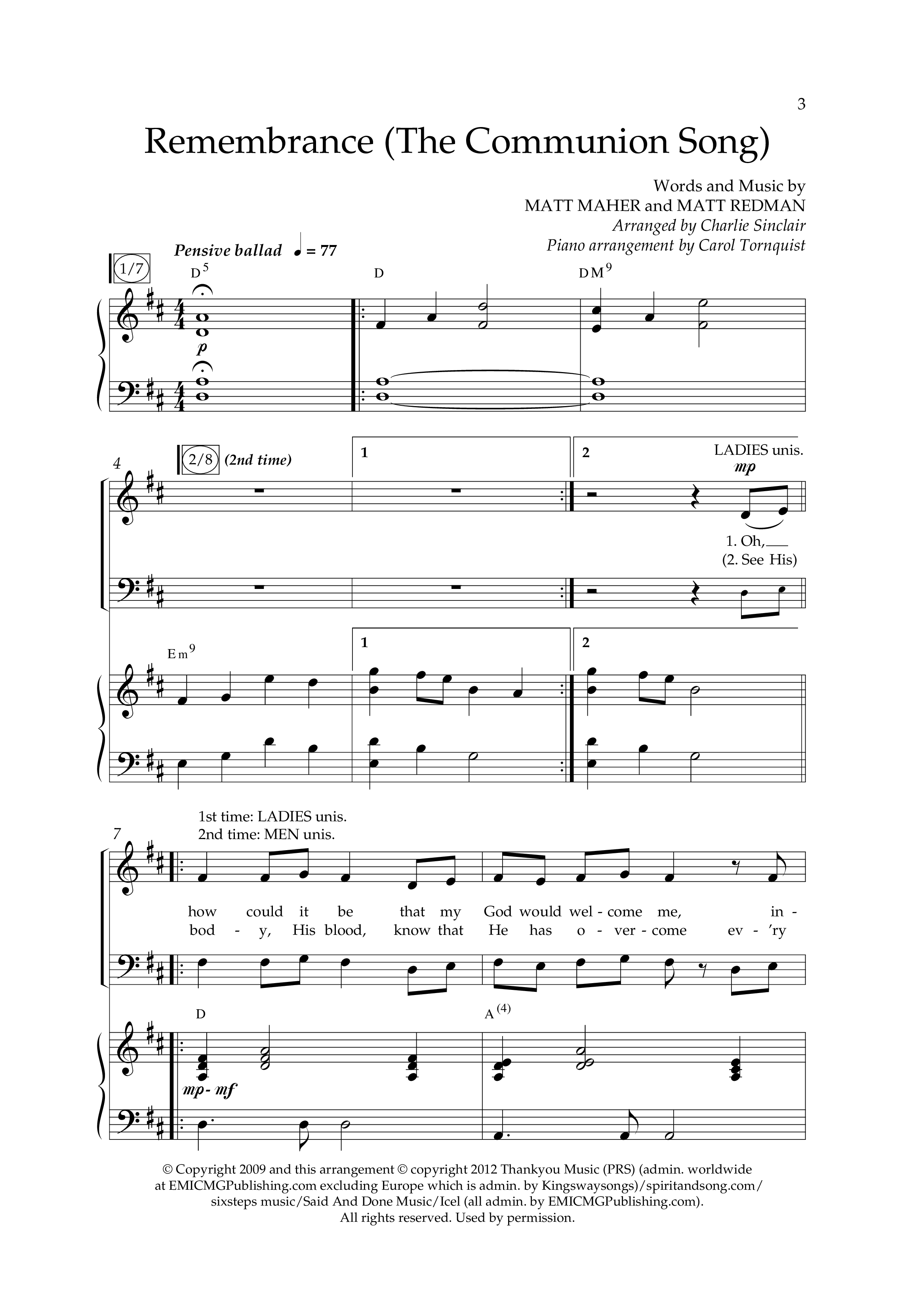 Remembrance (Choral Anthem SATB) Anthem (SATB/Piano) (Lifeway Choral / Arr. Charlie Sinclair / Arr. Carol Tornquist / Orch. Danny Zaloudik)