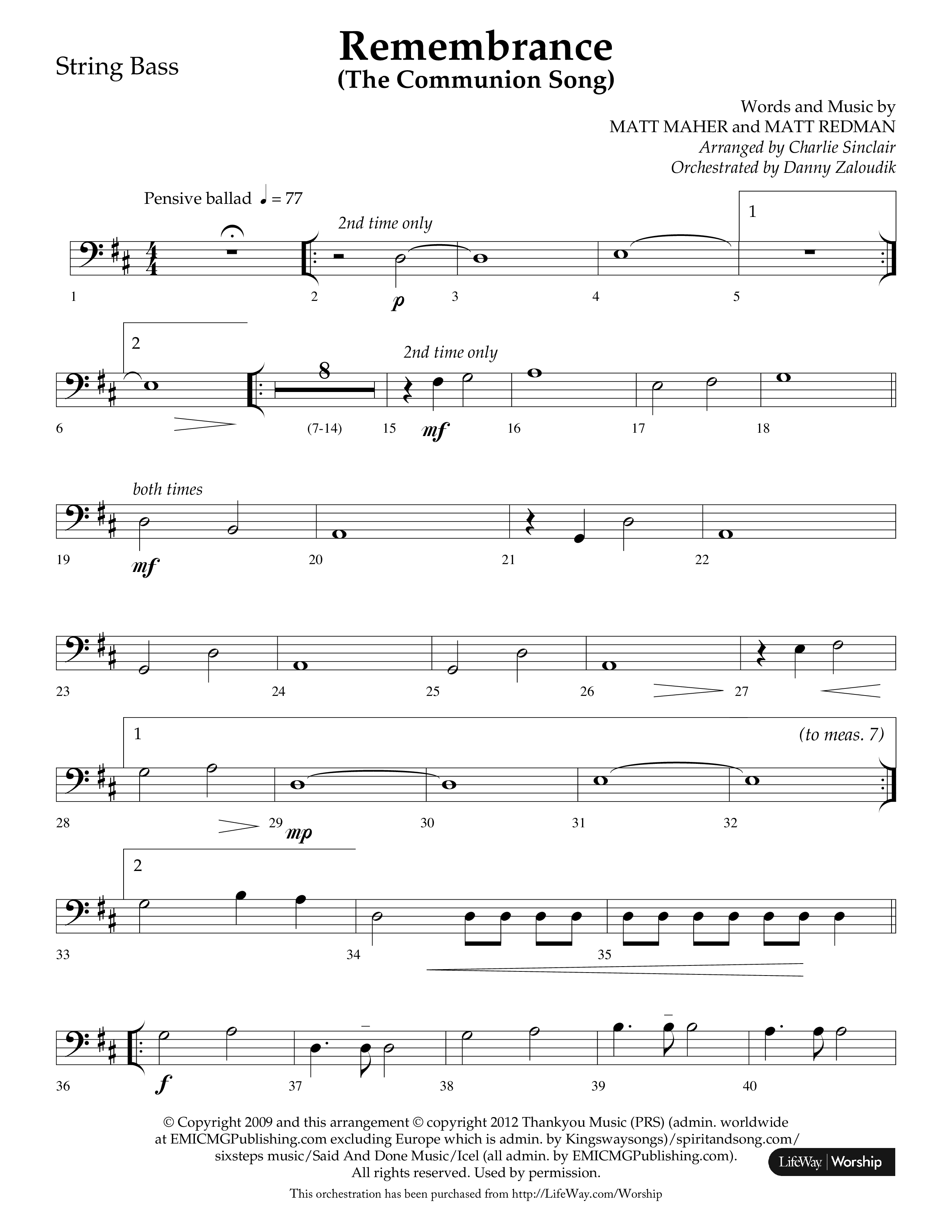 Remembrance (Choral Anthem SATB) String Bass (Lifeway Choral / Arr. Charlie Sinclair / Arr. Carol Tornquist / Orch. Danny Zaloudik)
