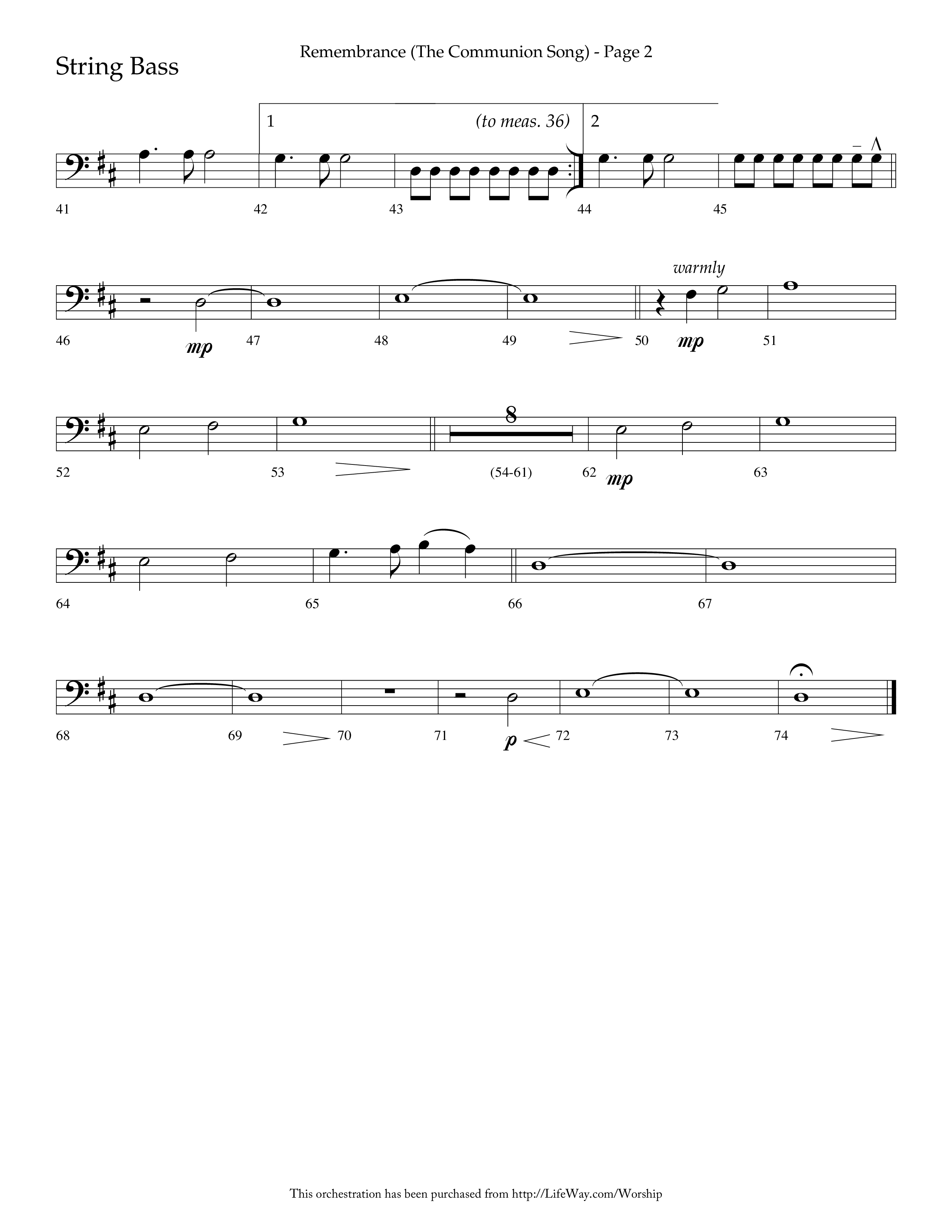 Remembrance (Choral Anthem SATB) String Bass (Lifeway Choral / Arr. Charlie Sinclair / Arr. Carol Tornquist / Orch. Danny Zaloudik)