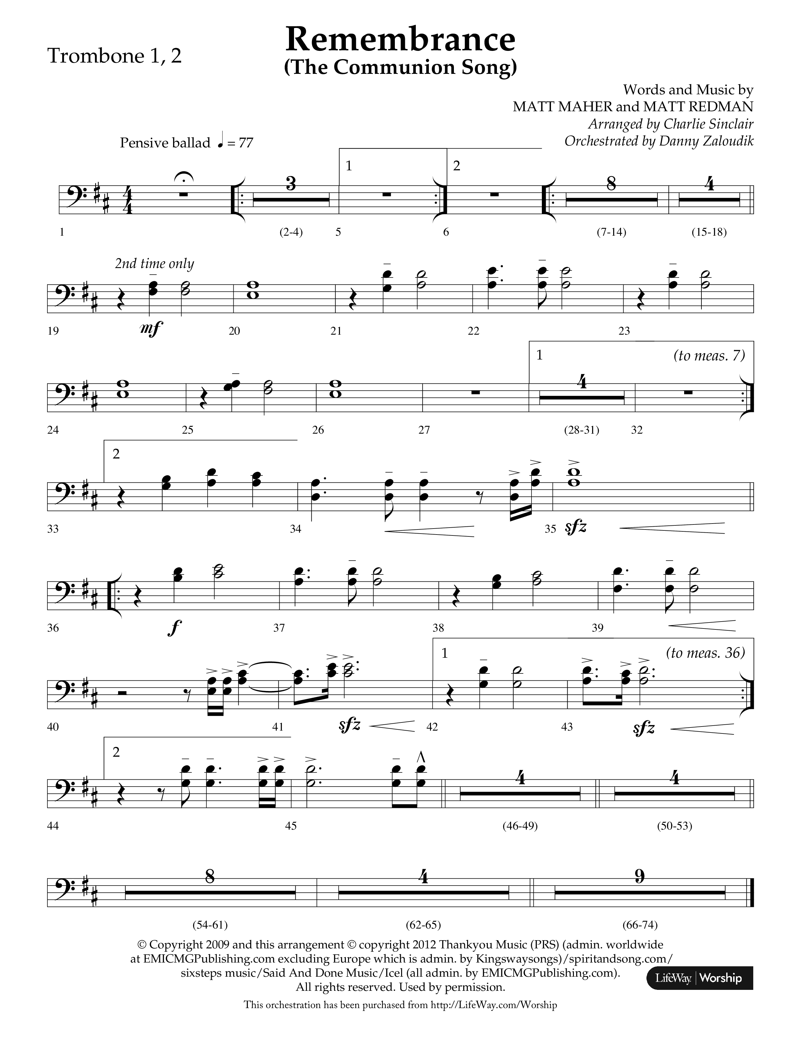 Remembrance (Choral Anthem SATB) Trombone 1/2 (Lifeway Choral / Arr. Charlie Sinclair / Arr. Carol Tornquist / Orch. Danny Zaloudik)