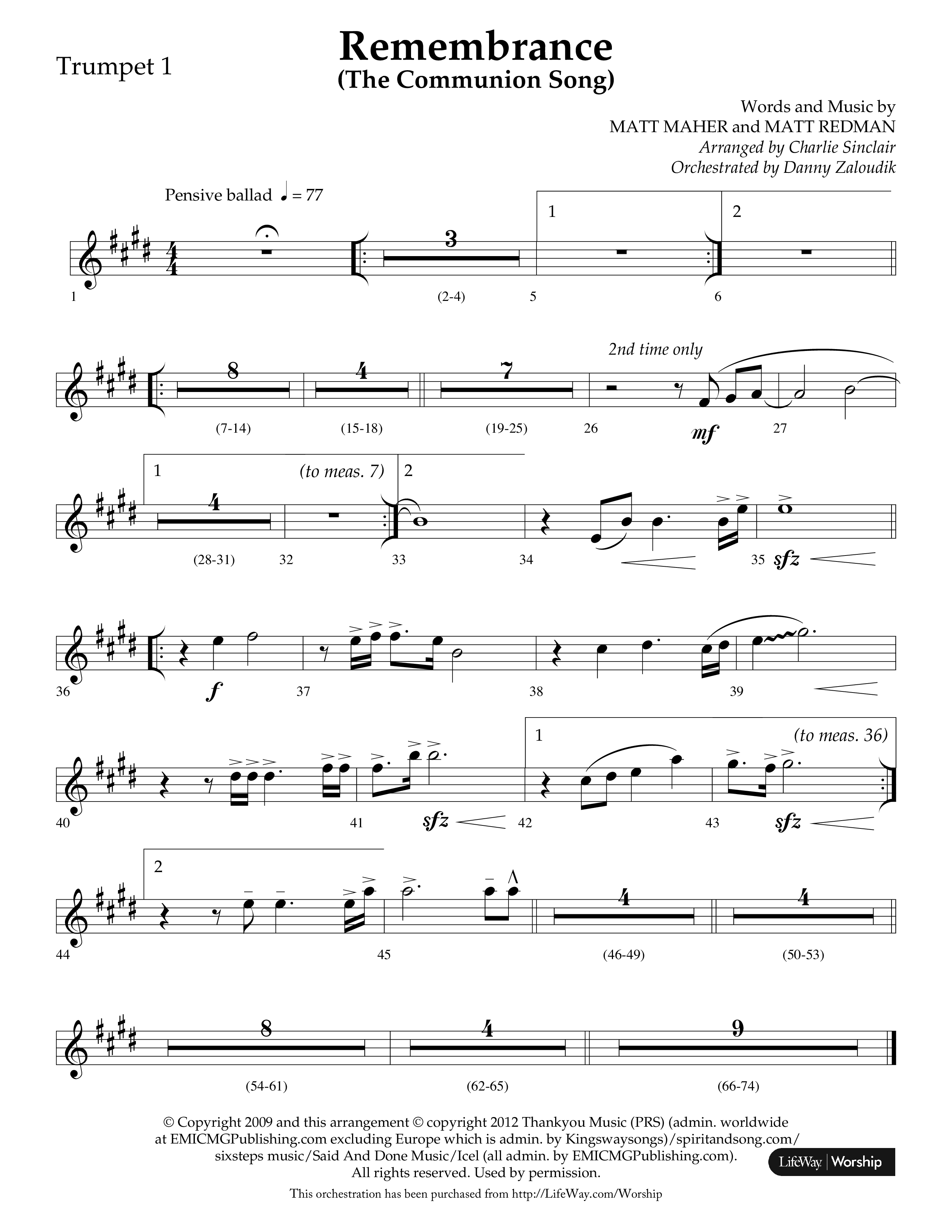 Remembrance (Choral Anthem SATB) Trumpet 1 (Lifeway Choral / Arr. Charlie Sinclair / Arr. Carol Tornquist / Orch. Danny Zaloudik)