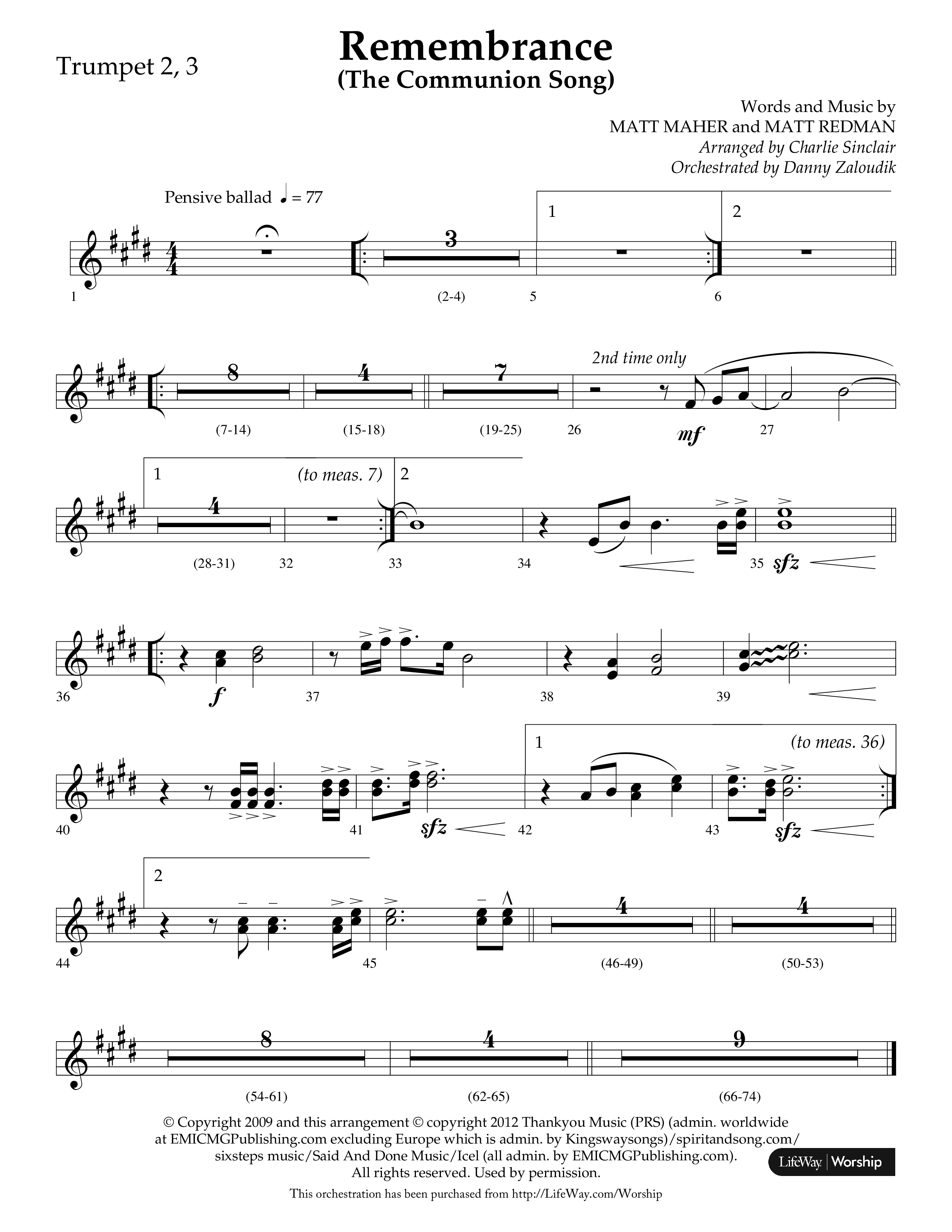 Remembrance (Choral Anthem SATB) Trumpet 2/3 (Lifeway Choral / Arr. Charlie Sinclair / Arr. Carol Tornquist / Orch. Danny Zaloudik)