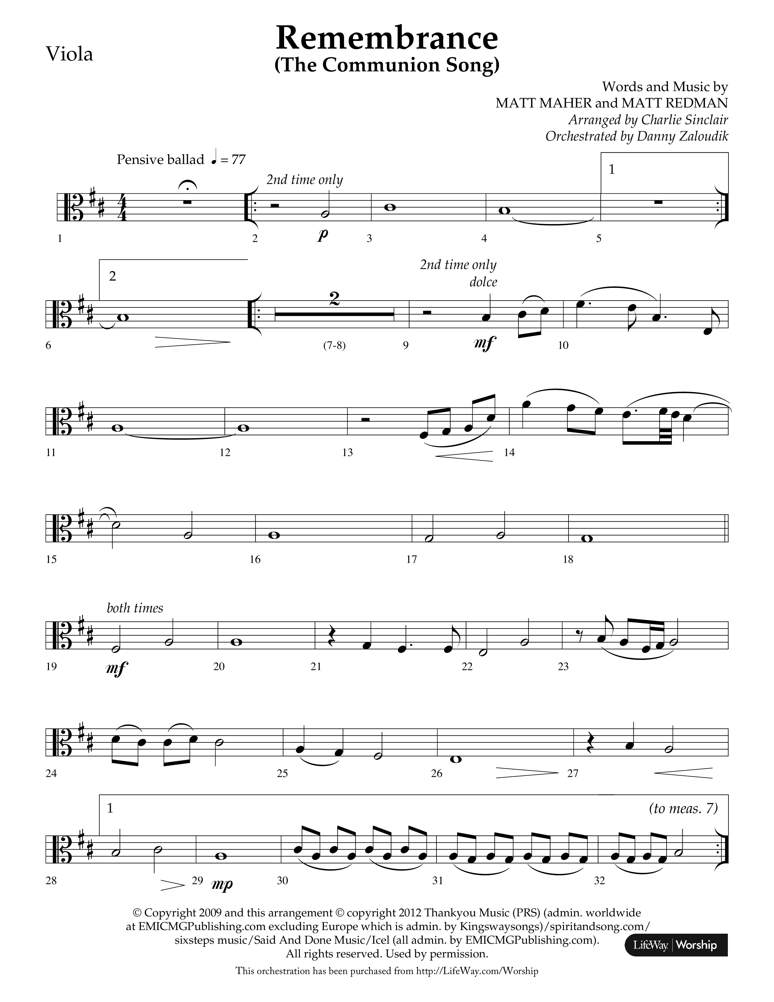 Remembrance (Choral Anthem SATB) Viola (Lifeway Choral / Arr. Charlie Sinclair / Arr. Carol Tornquist / Orch. Danny Zaloudik)