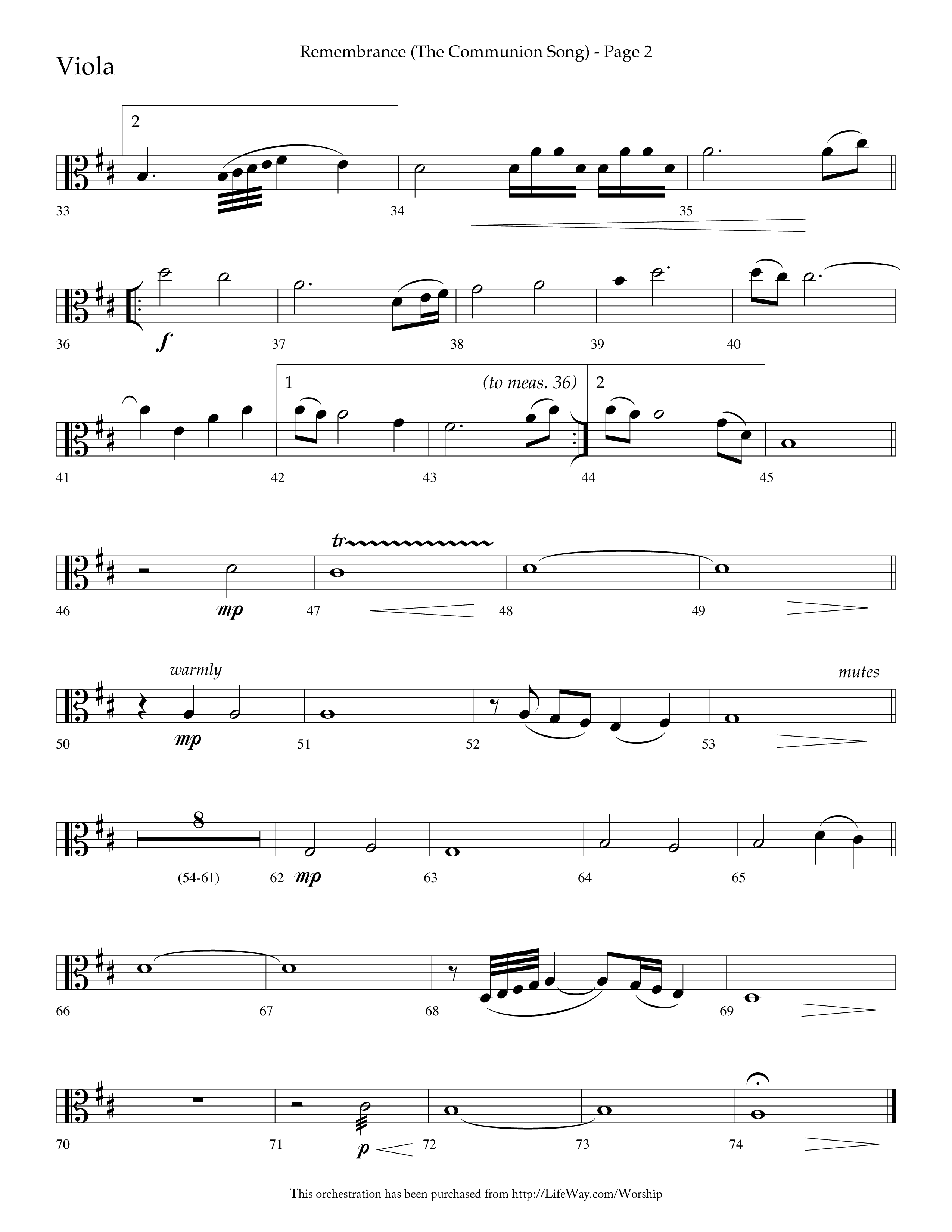 Remembrance (Choral Anthem SATB) Viola (Lifeway Choral / Arr. Charlie Sinclair / Arr. Carol Tornquist / Orch. Danny Zaloudik)