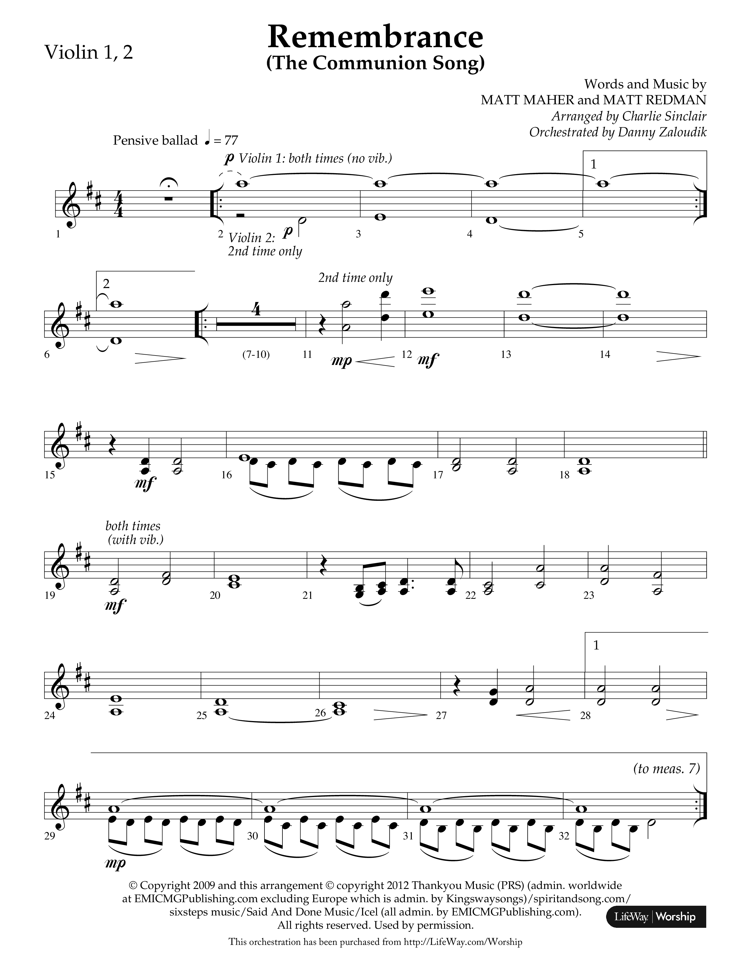 Remembrance (Choral Anthem SATB) Violin 1/2 (Lifeway Choral / Arr. Charlie Sinclair / Arr. Carol Tornquist / Orch. Danny Zaloudik)