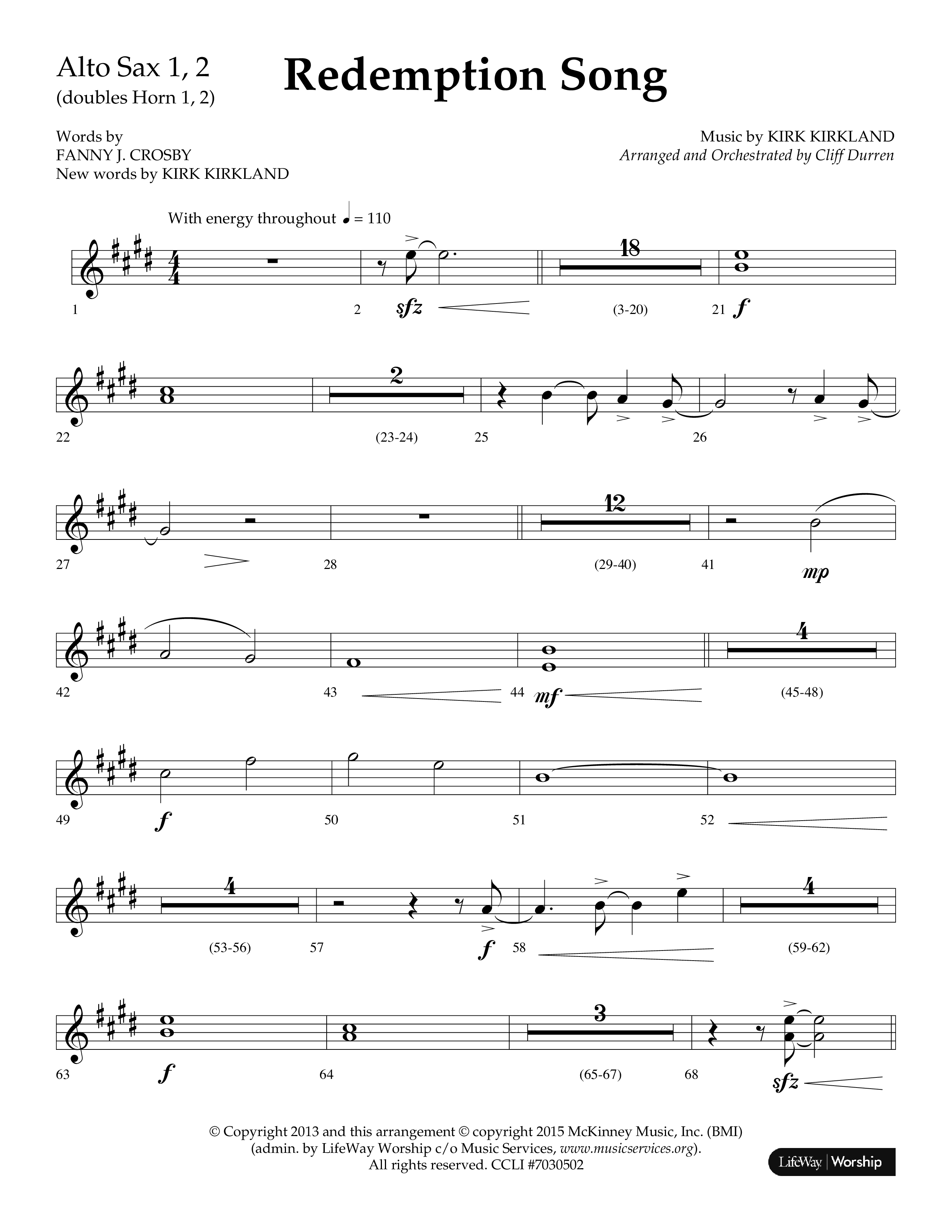 Redemption Song (Choral Anthem SATB) Alto Sax 1/2 (Lifeway Choral / Arr. Cliff Duren)