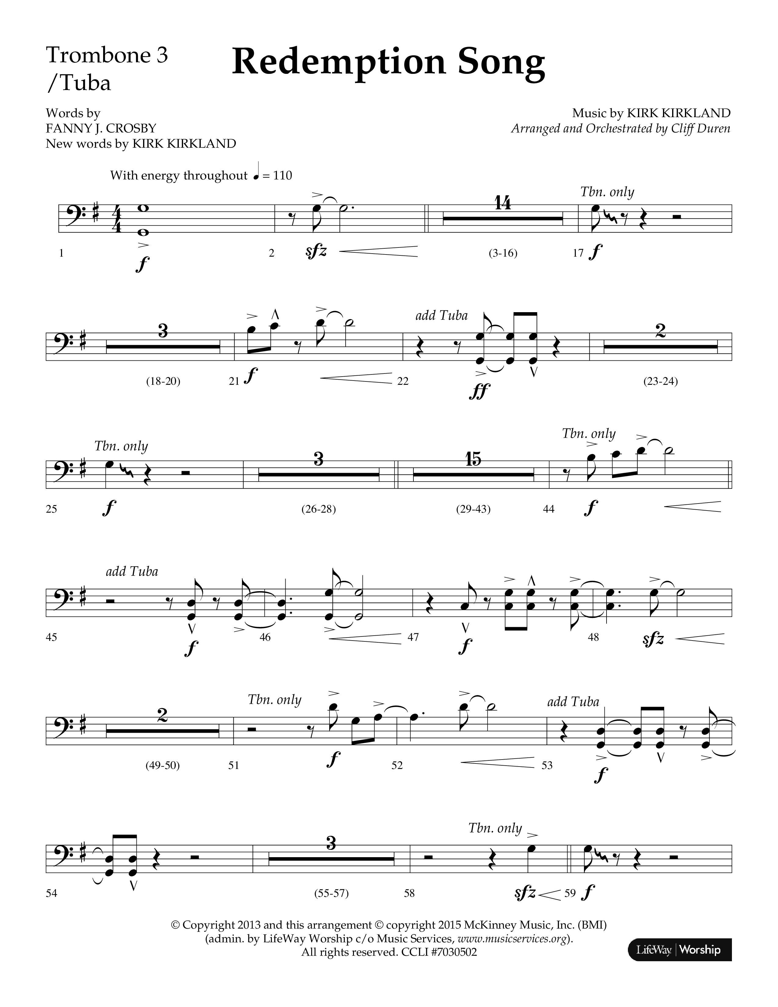 Redemption Song (Choral Anthem SATB) Trombone 3/Tuba (Lifeway Choral / Arr. Cliff Duren)