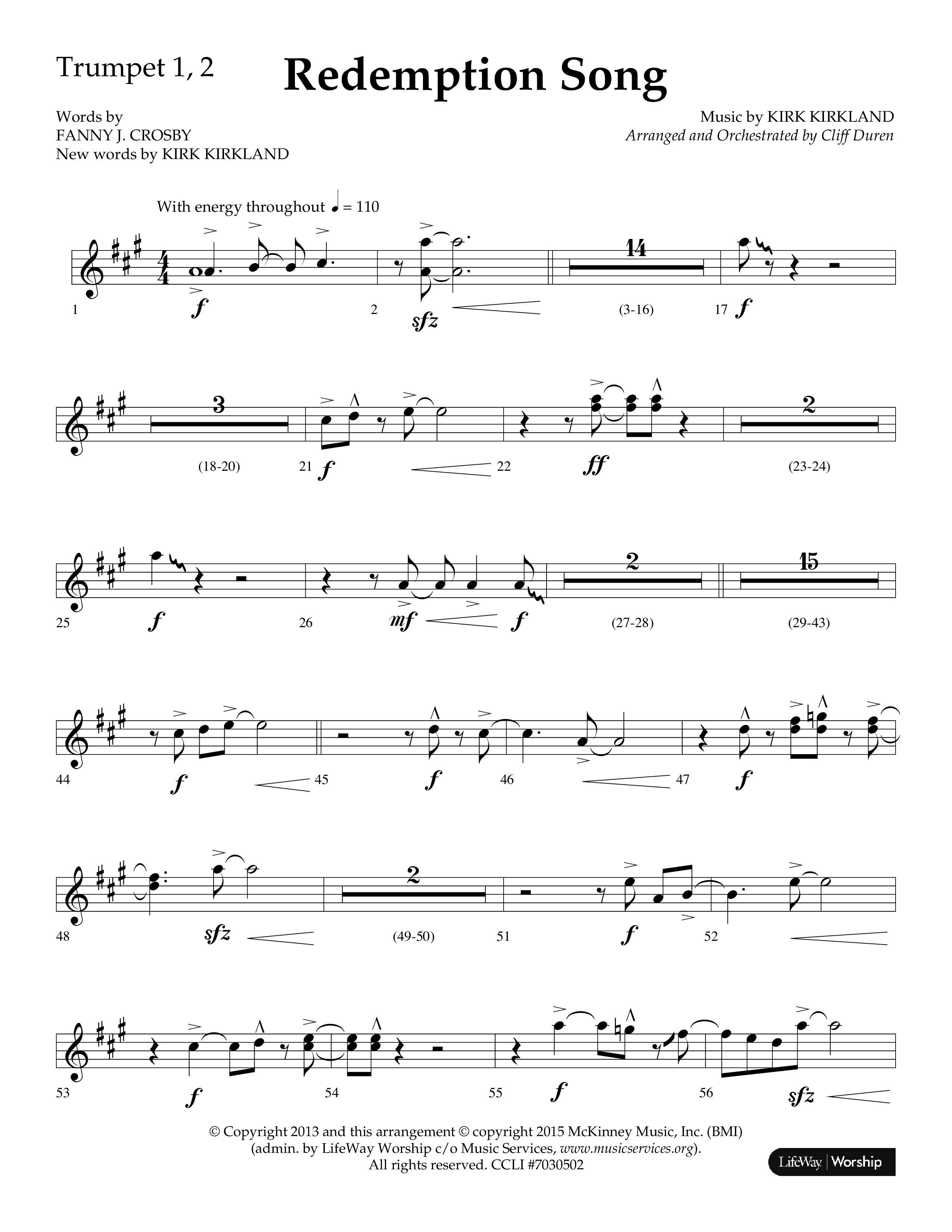 Redemption Song (Choral Anthem SATB) Trumpet 1,2 (Lifeway Choral / Arr. Cliff Duren)