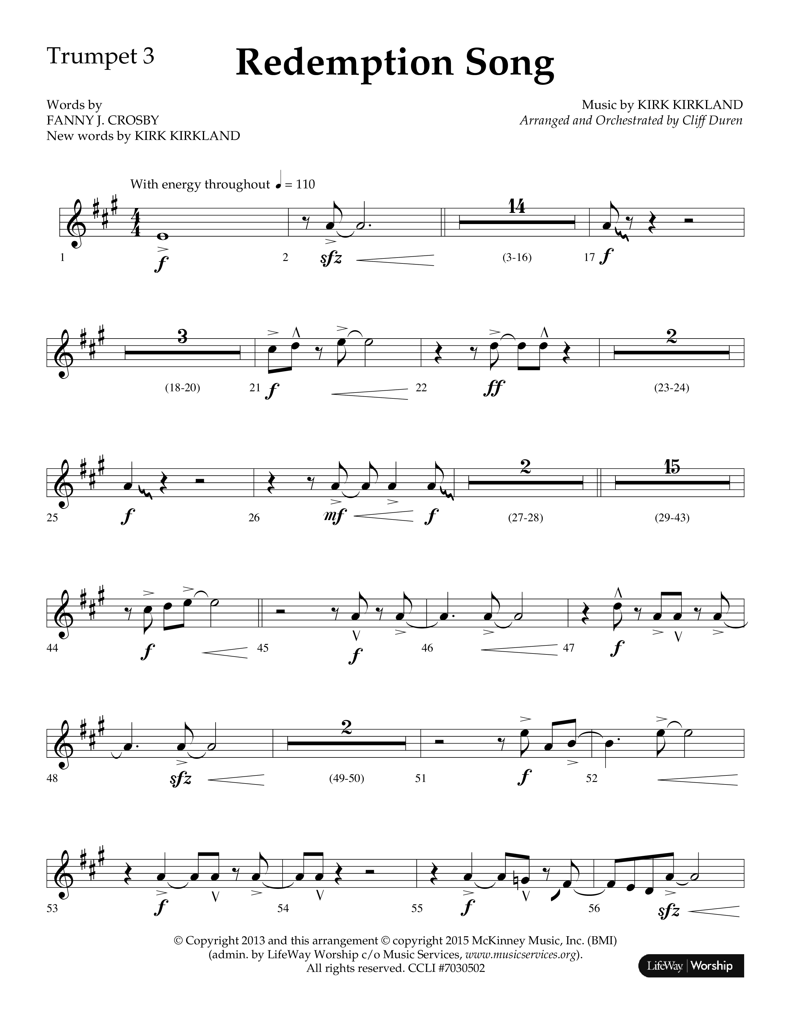 Redemption Song (Choral Anthem SATB) Trumpet 3 (Lifeway Choral / Arr. Cliff Duren)