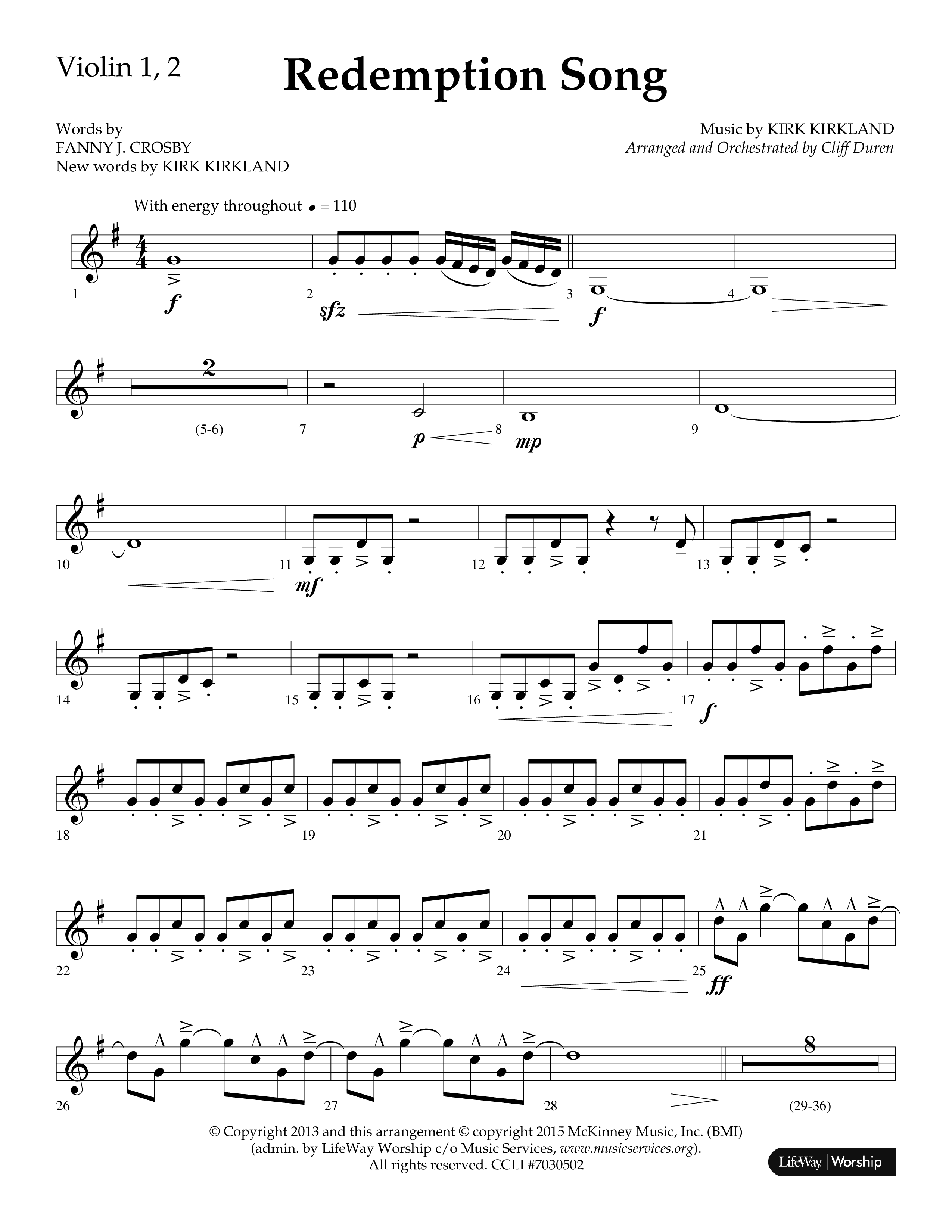 Redemption Song (Choral Anthem SATB) Violin 1/2 (Lifeway Choral / Arr. Cliff Duren)