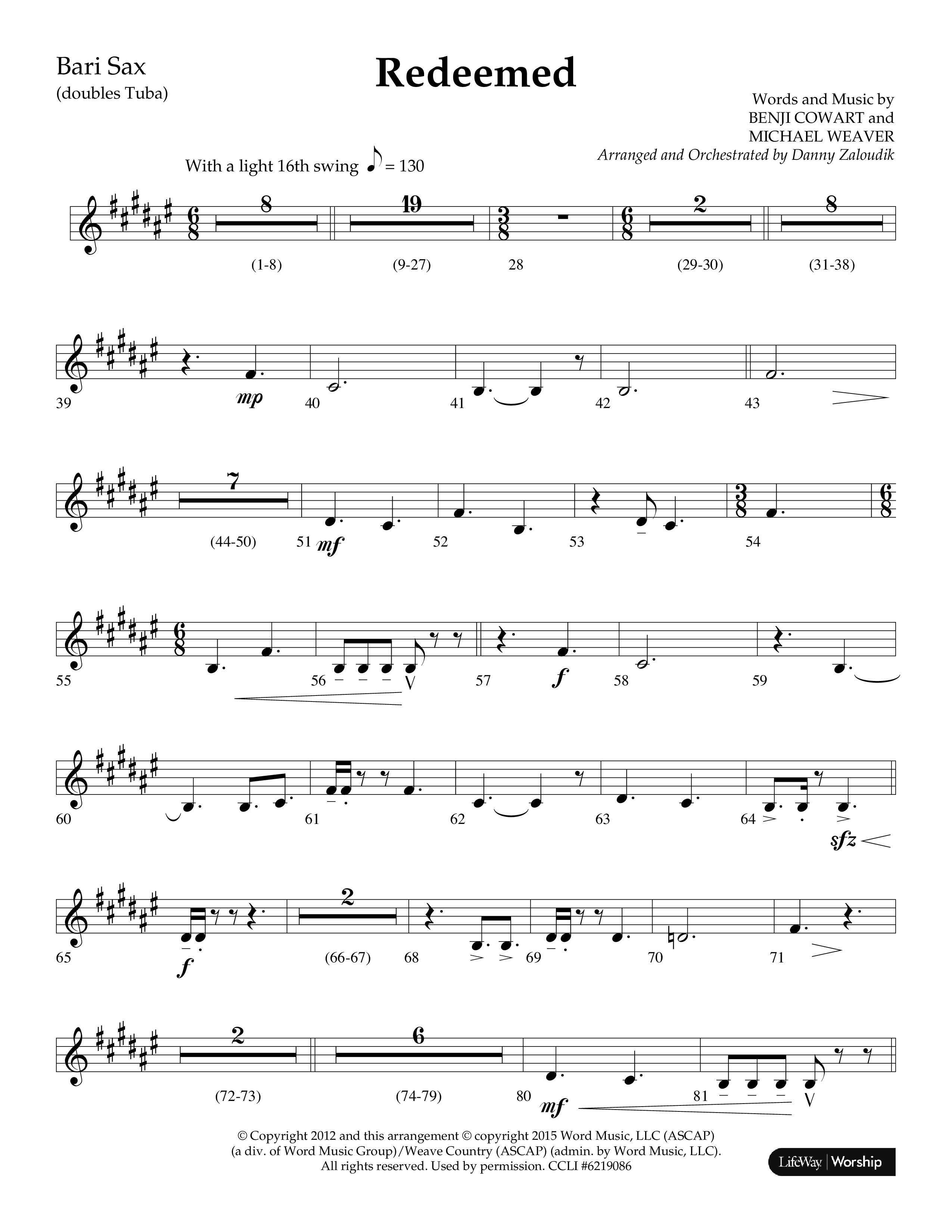 Redeemed (Choral Anthem SATB) Bari Sax (Lifeway Choral / Arr. Danny Zaloudik)