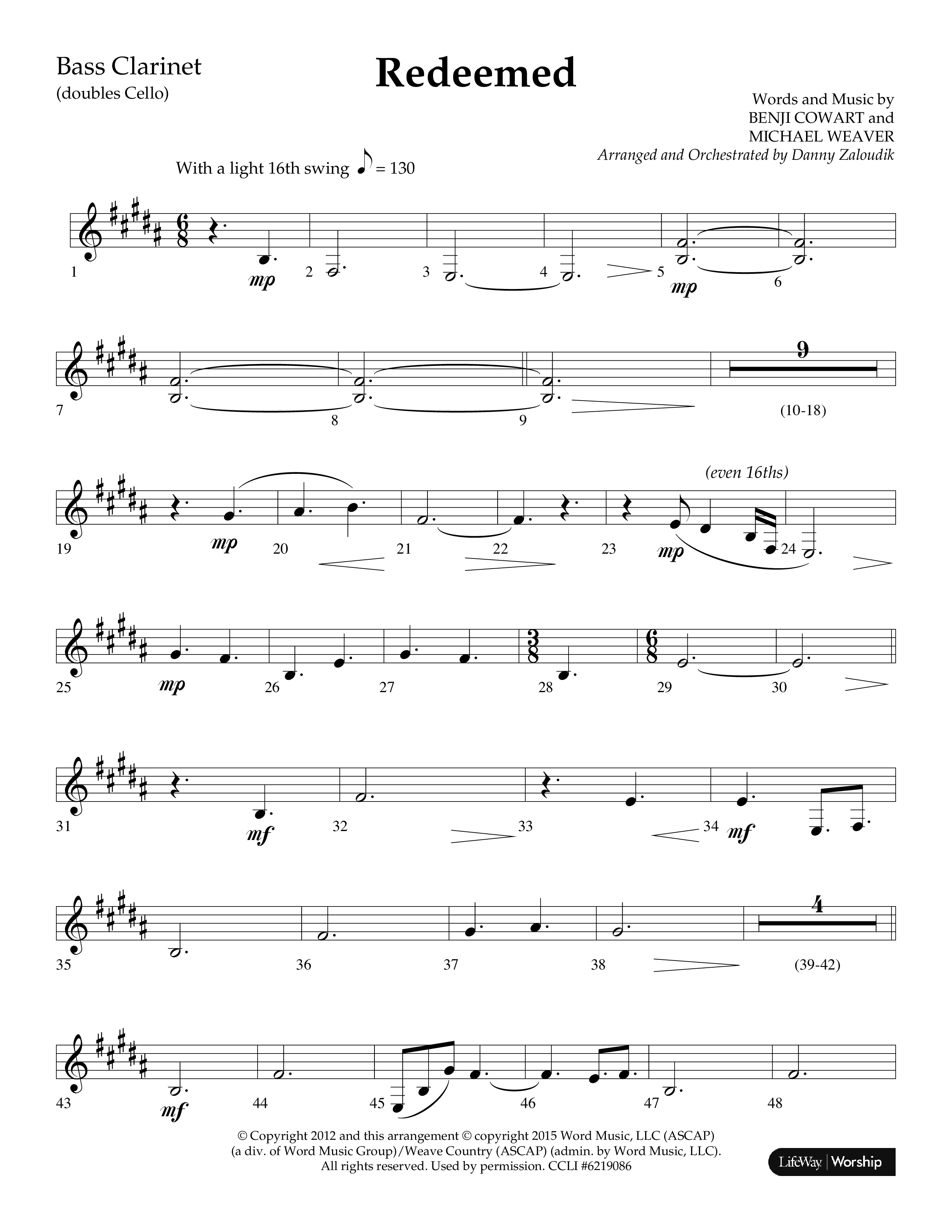 Redeemed (Choral Anthem SATB) Bass Clarinet (Lifeway Choral / Arr. Danny Zaloudik)