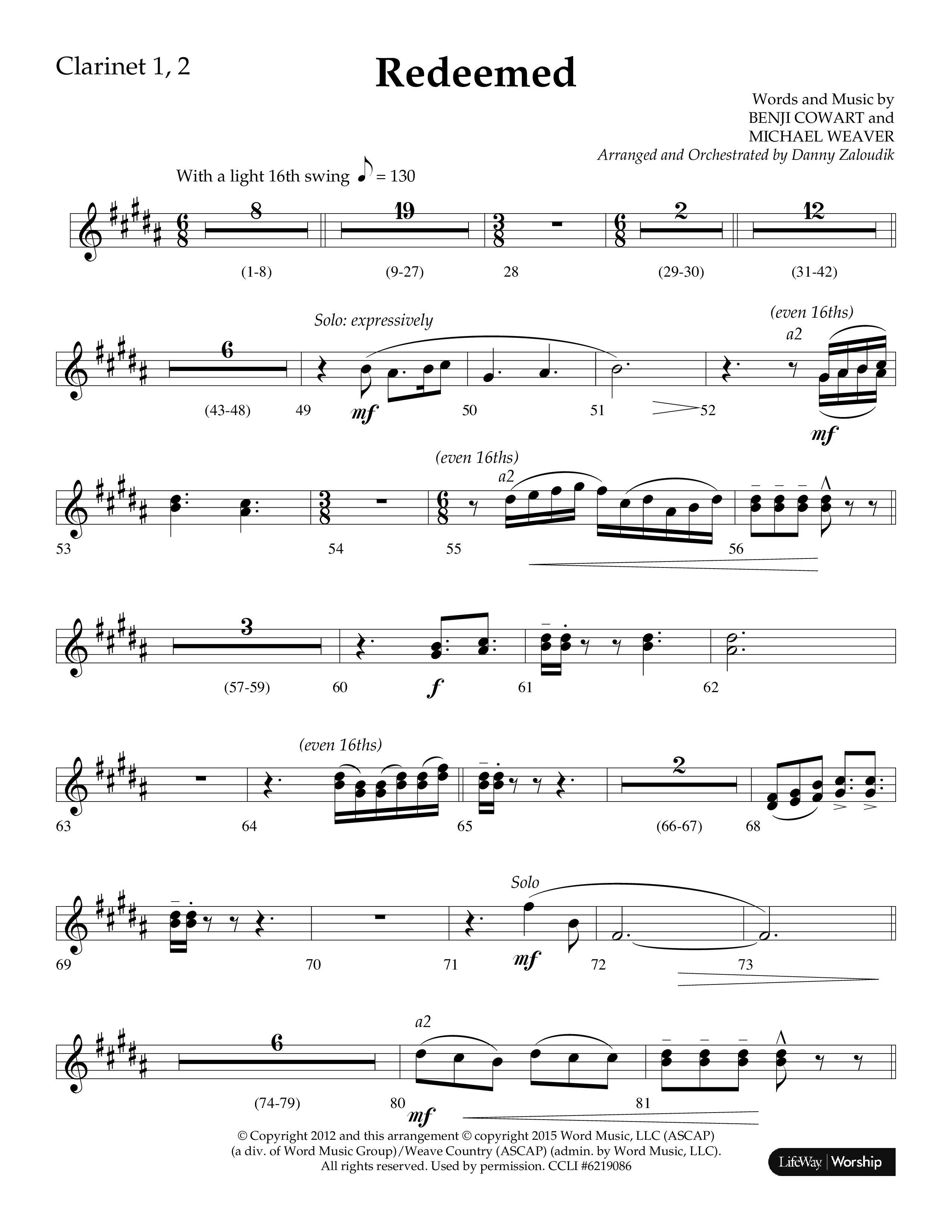 Redeemed (Choral Anthem SATB) Clarinet 1/2 (Lifeway Choral / Arr. Danny Zaloudik)