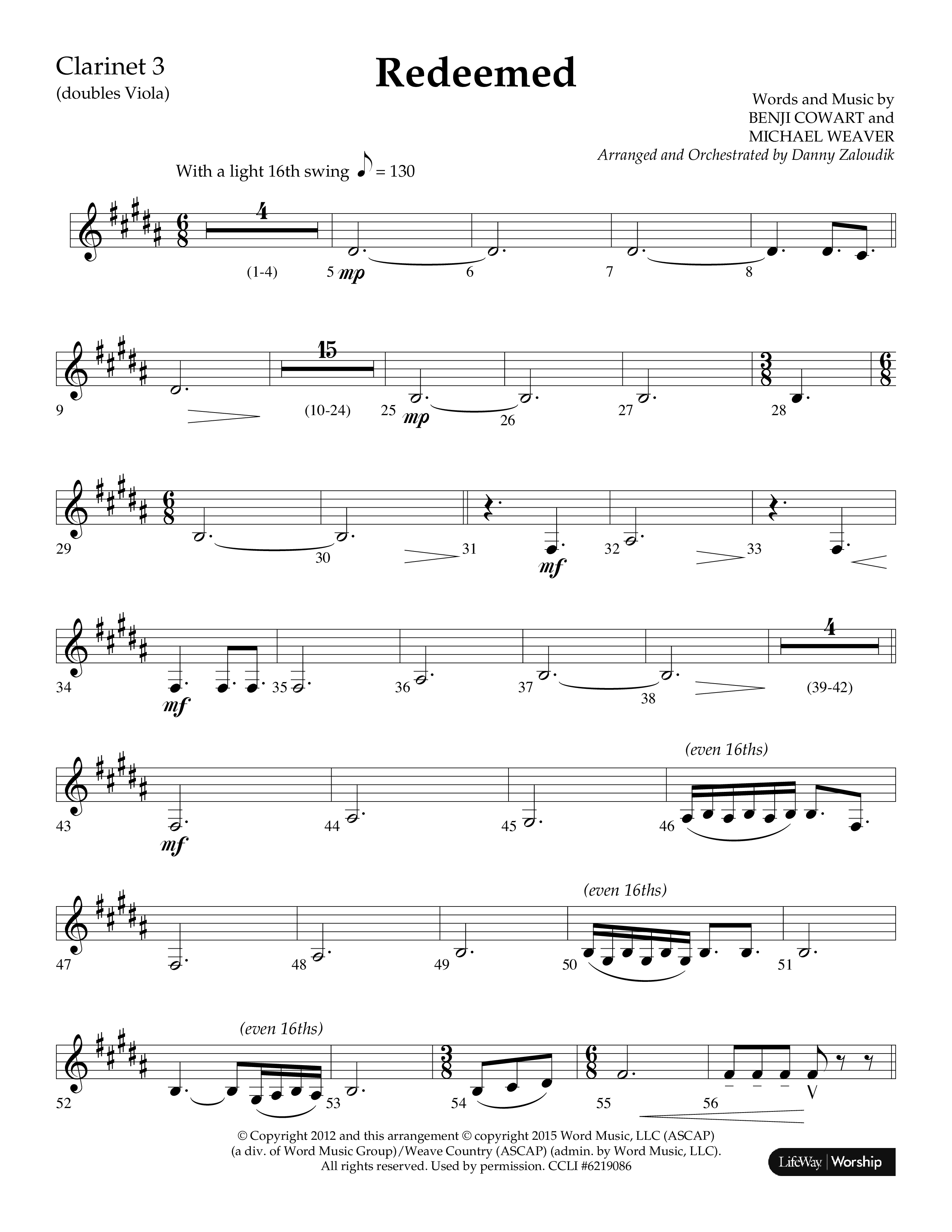 Redeemed (Choral Anthem SATB) Clarinet 3 (Lifeway Choral / Arr. Danny Zaloudik)